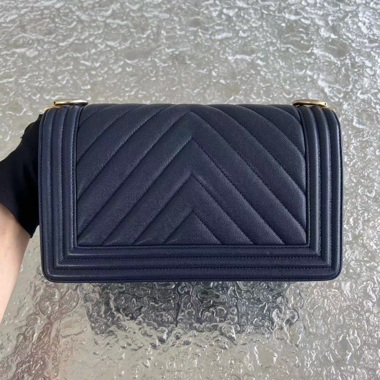 Chanel Caviar Boy Old Medium 25CM Chevron Grained Calfskin Dark Blue Leboy Golden Hardware Series 26 - Luxury Evermore