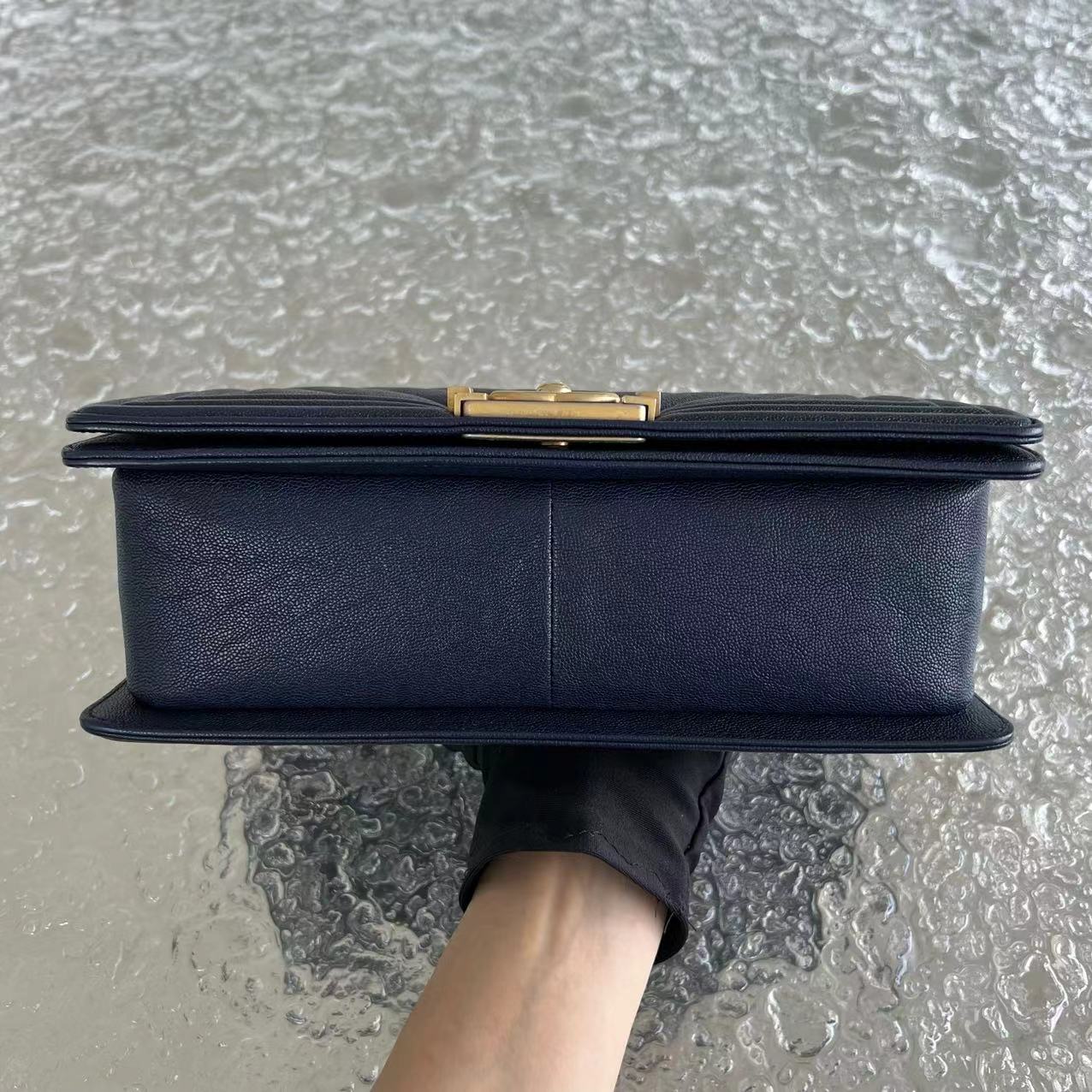 Chanel Caviar Boy Old Medium 25CM Chevron Grained Calfskin Dark Blue Leboy Golden Hardware Series 26 - Luxury Evermore