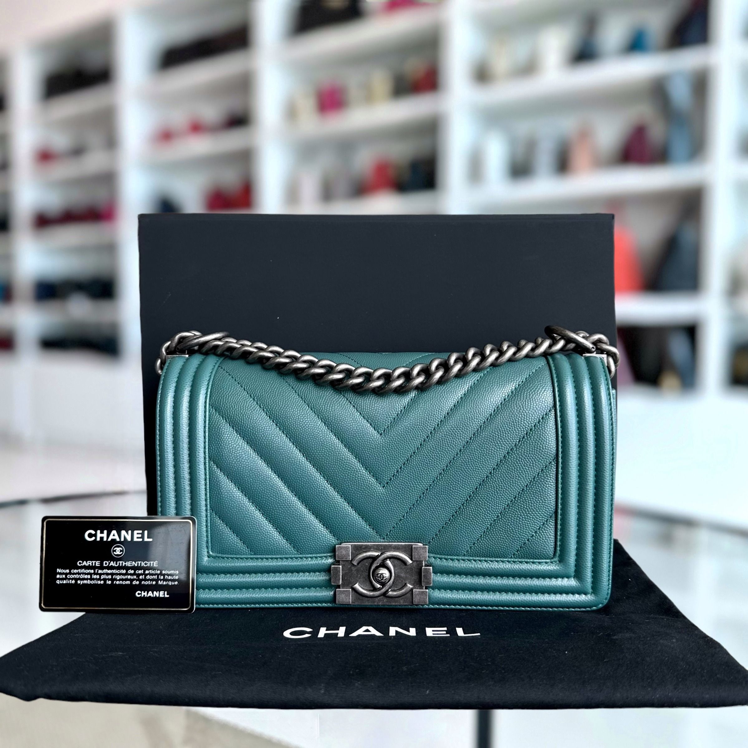 Chanel Caviar Boy Old Medium 25CM Chevron Green Blue Leboy RSHW No 24 - Luxury Evermore