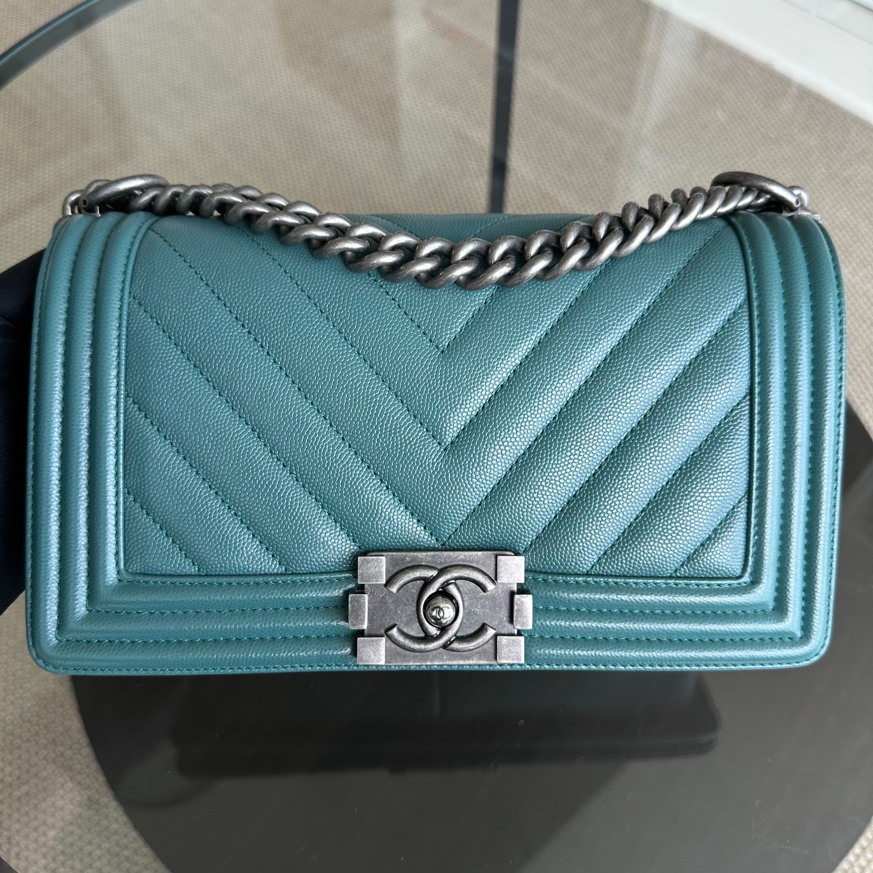 Chanel Caviar Boy Old Medium 25CM Chevron Green Blue Leboy RSHW No 24 - Luxury Evermore