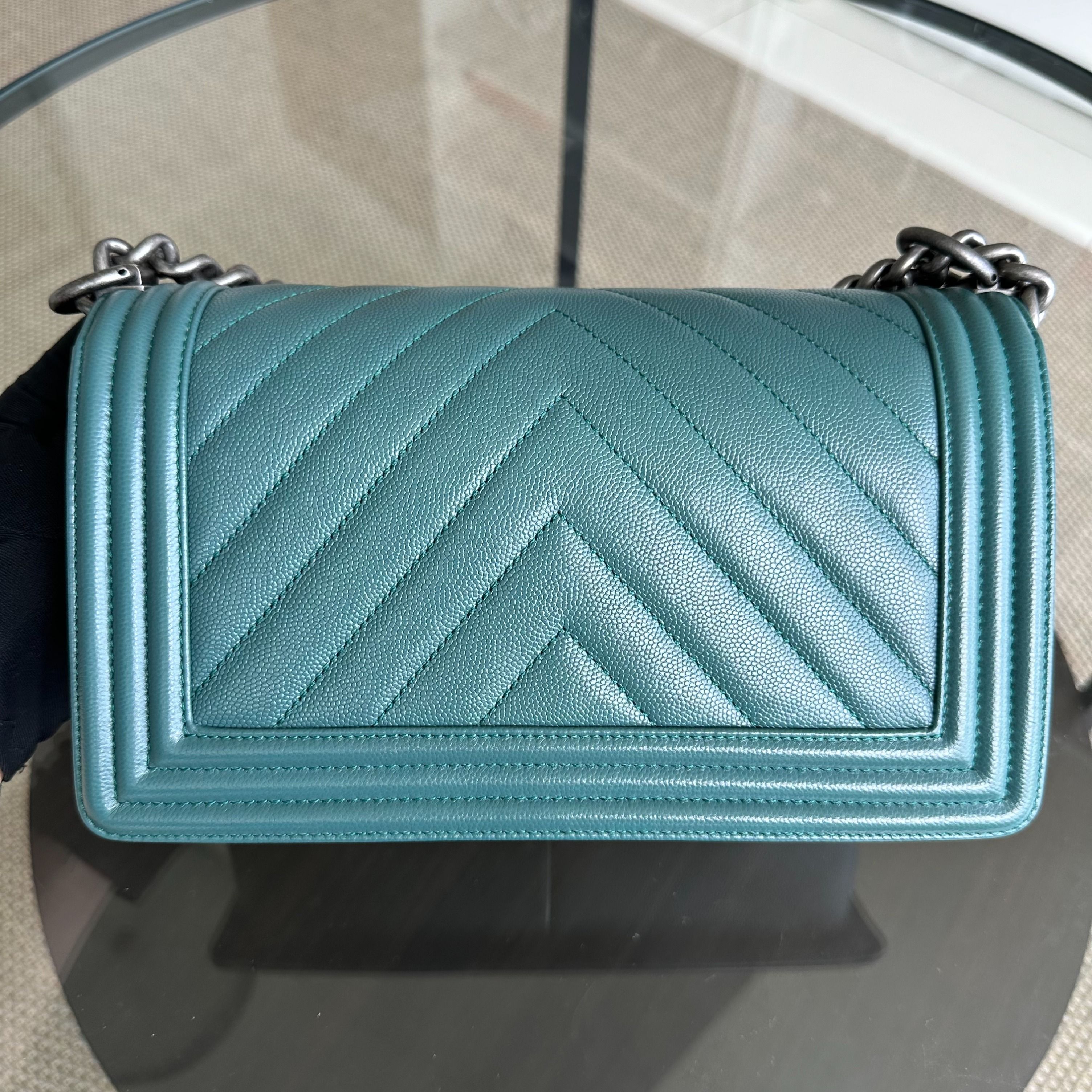 Chanel Caviar Boy Old Medium 25CM Chevron Green Blue Leboy RSHW No 24 - Luxury Evermore