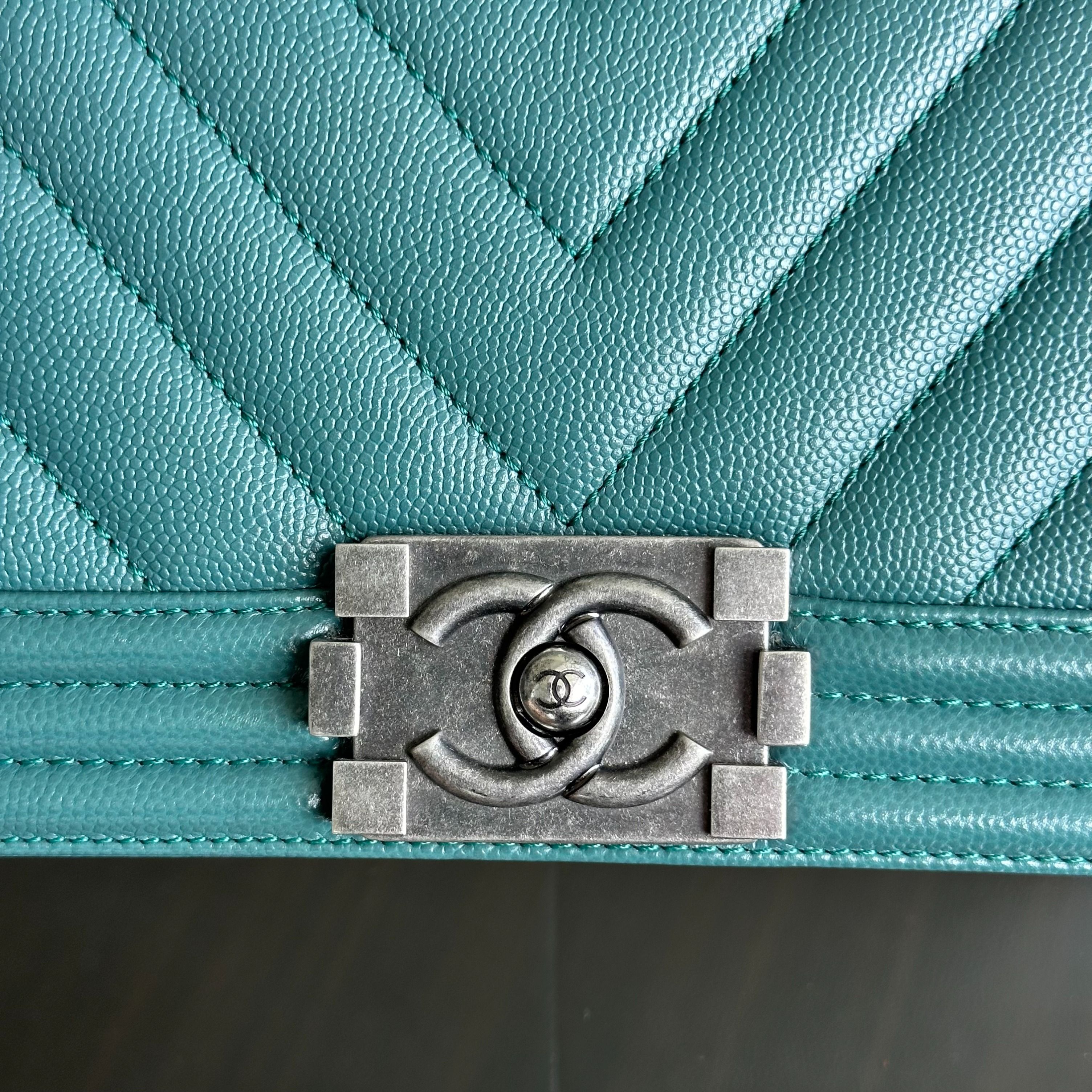 Chanel Caviar Boy Old Medium 25CM Chevron Green Blue Leboy RSHW No 24 - Luxury Evermore