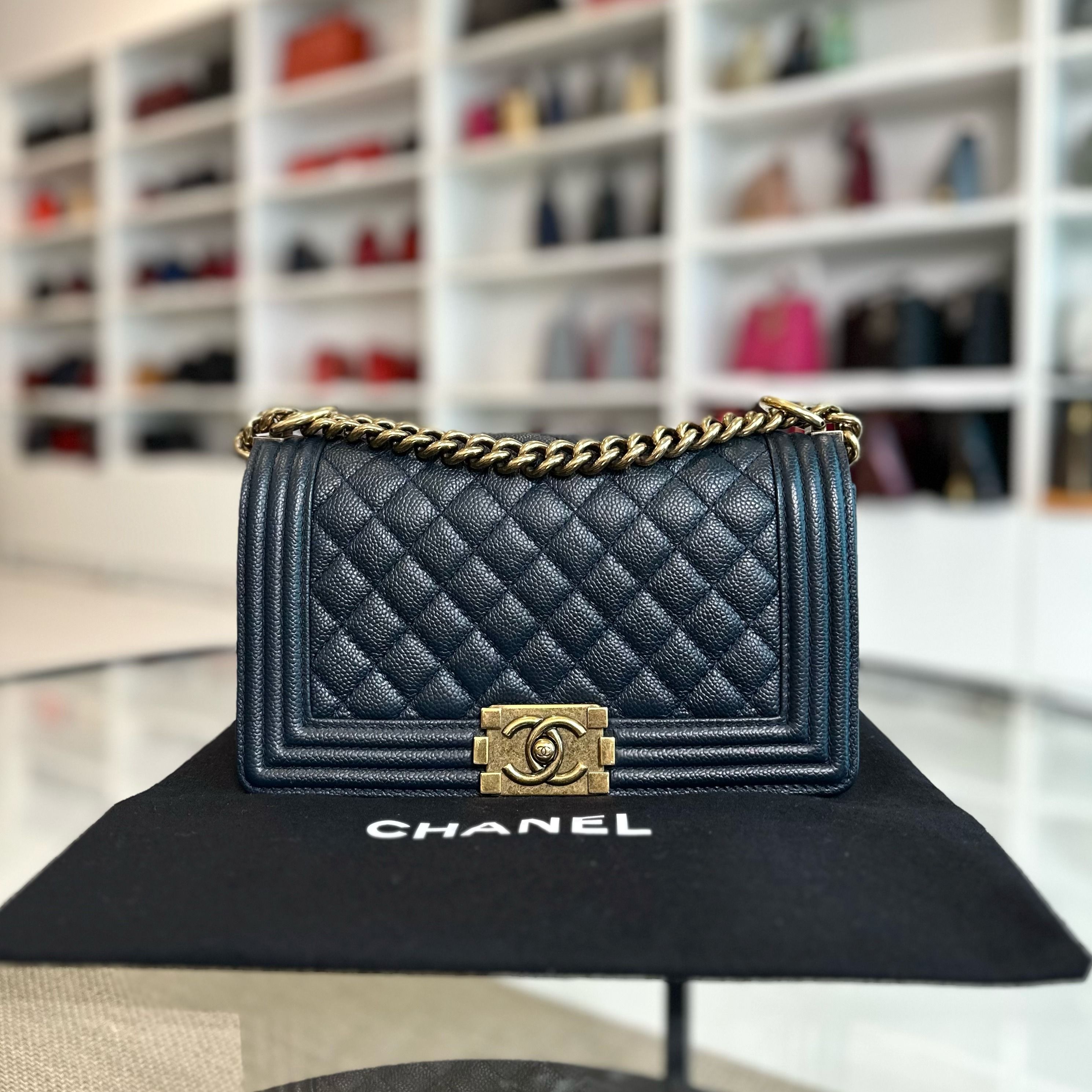 Chanel Caviar Boy Old Medium 25CM Dark Blue RGHW No 20 - Luxury Evermore