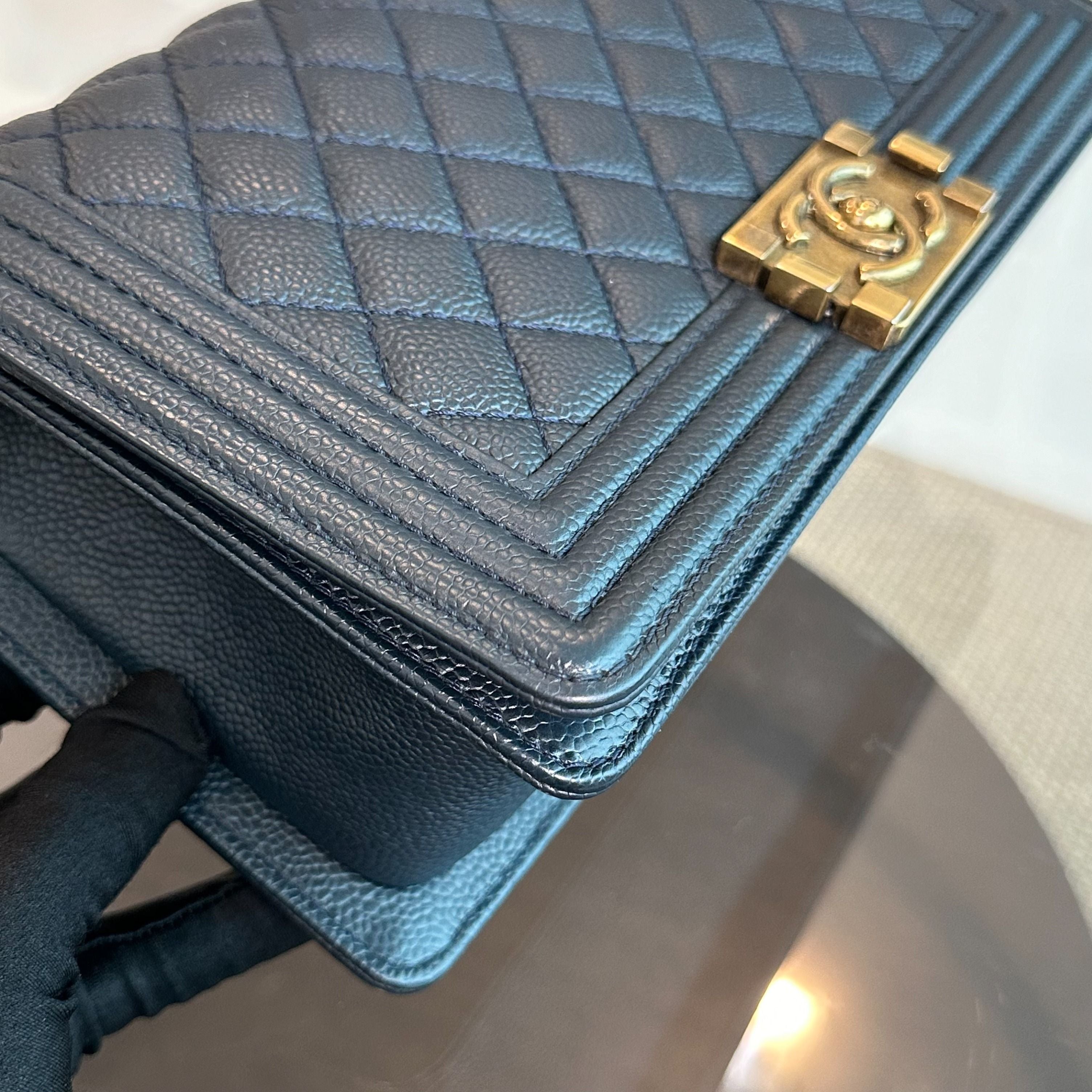 Chanel Caviar Boy Old Medium 25CM Dark Blue RGHW No 20 - Luxury Evermore