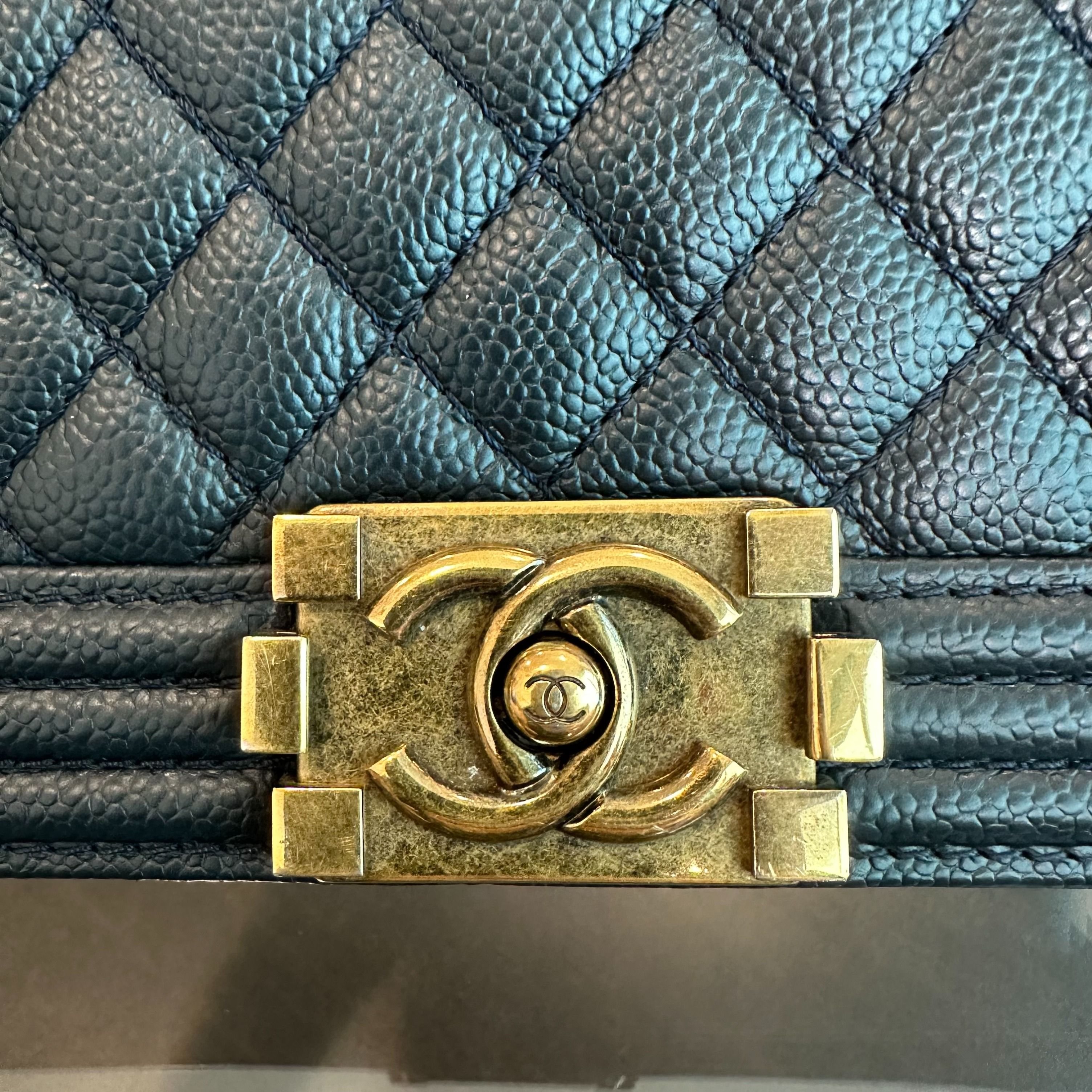 Chanel Caviar Boy Old Medium 25CM Dark Blue RGHW No 20 - Luxury Evermore