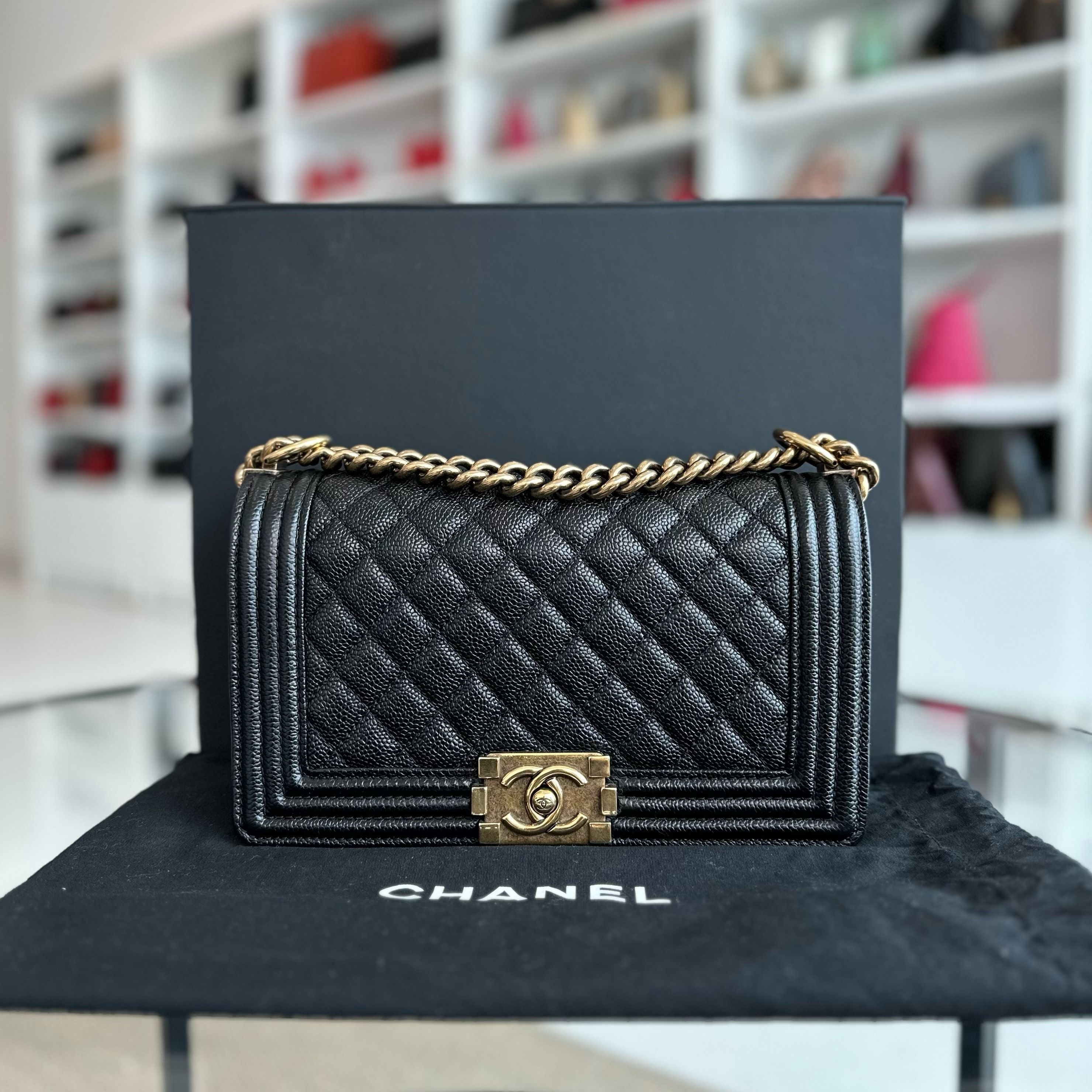 Chanel Caviar Boy Old Medium 25CM Leboy Black RGHW No 19 - Luxury Evermore