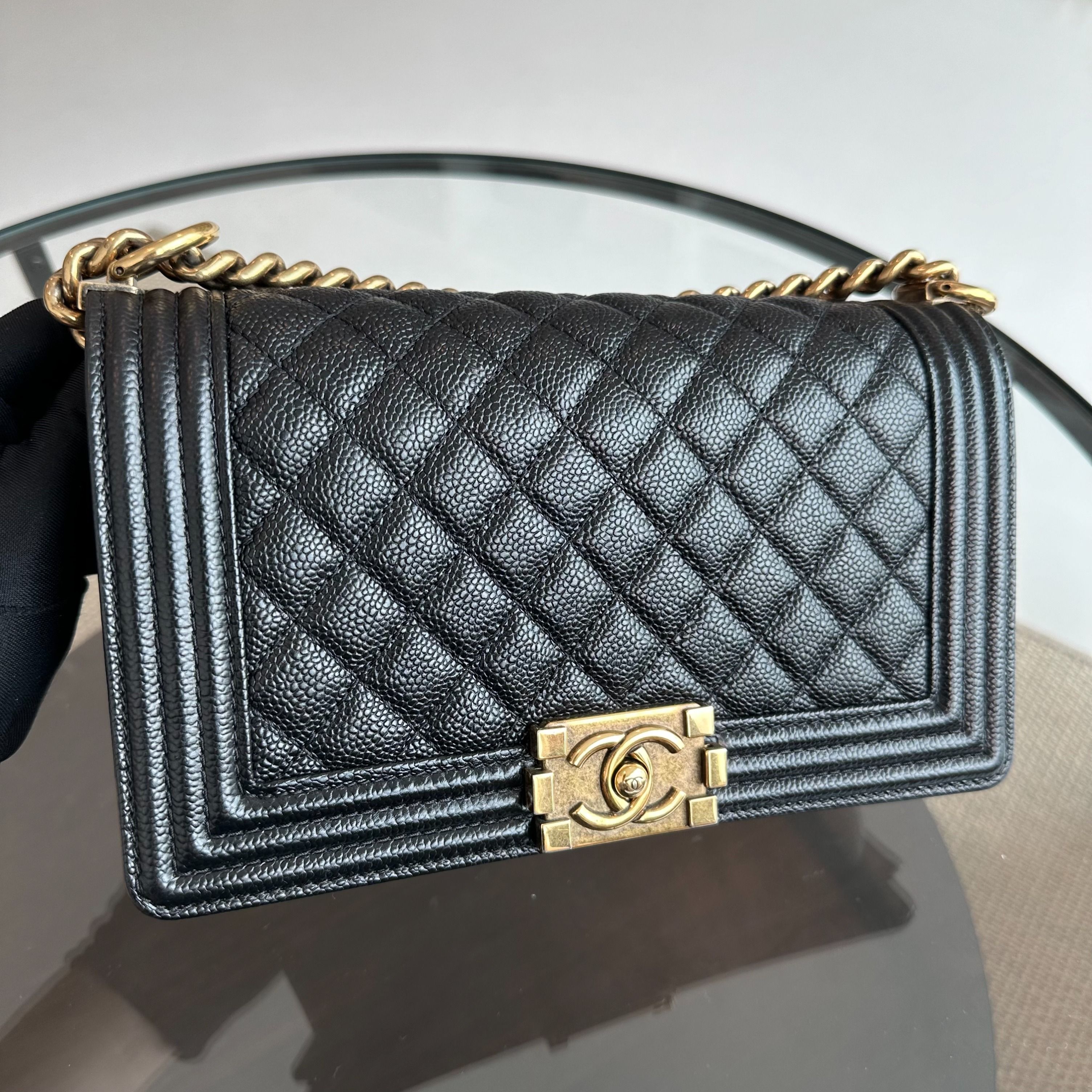 Chanel Caviar Boy Old Medium 25CM Leboy Black RGHW No 19 - Luxury Evermore