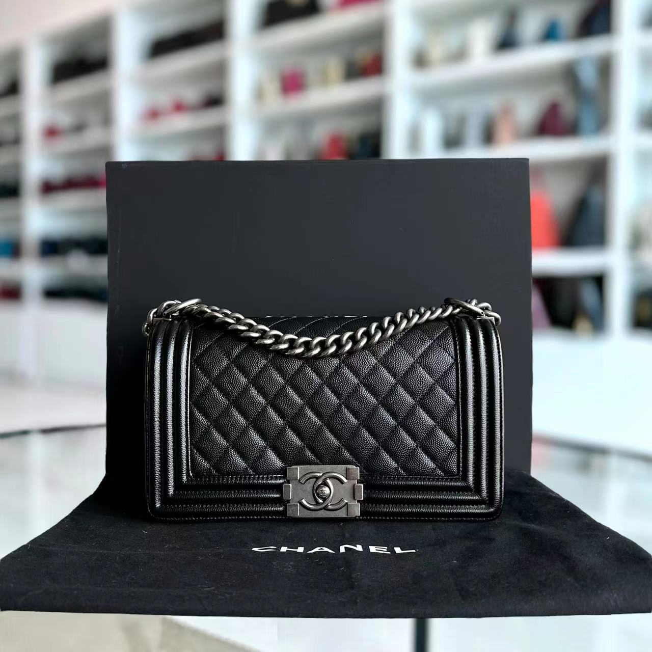 Chanel Caviar Boy Old Medium 25CM Quilted Calfskin Black Leboy Ruthenium Silver Hardware Series 25 - Luxury Evermore