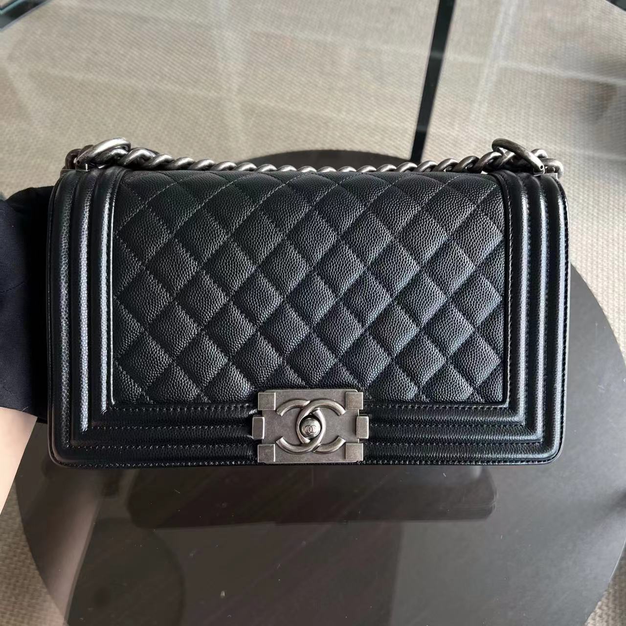 Chanel Caviar Boy Old Medium 25CM Quilted Calfskin Black Leboy Ruthenium Silver Hardware Series 25 - Luxury Evermore