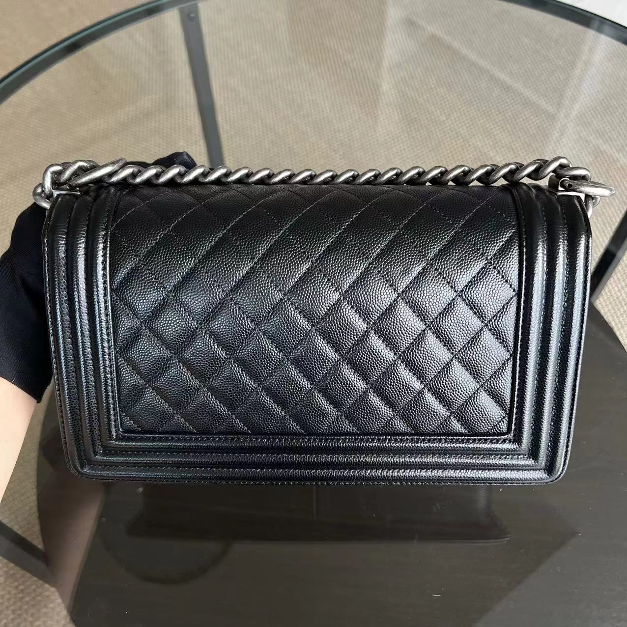 Chanel Caviar Boy Old Medium 25CM Quilted Calfskin Black Leboy Ruthenium Silver Hardware Series 25 - Luxury Evermore