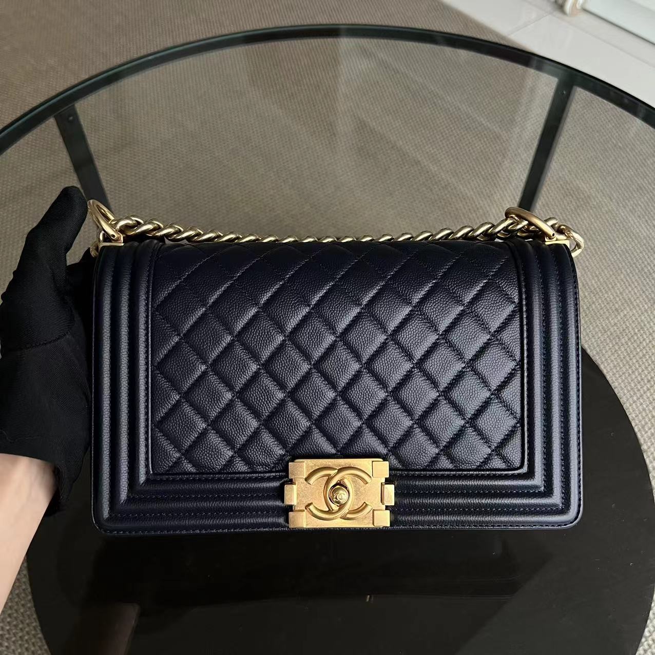 Chanel Caviar Boy Old Medium 25CM Quilted Calfskin Dark Blue Leboy GHW No 23 - Luxury Evermore