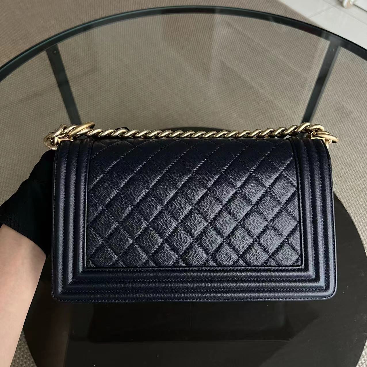 Chanel Caviar Boy Old Medium 25CM Quilted Calfskin Dark Blue Leboy GHW No 23 - Luxury Evermore