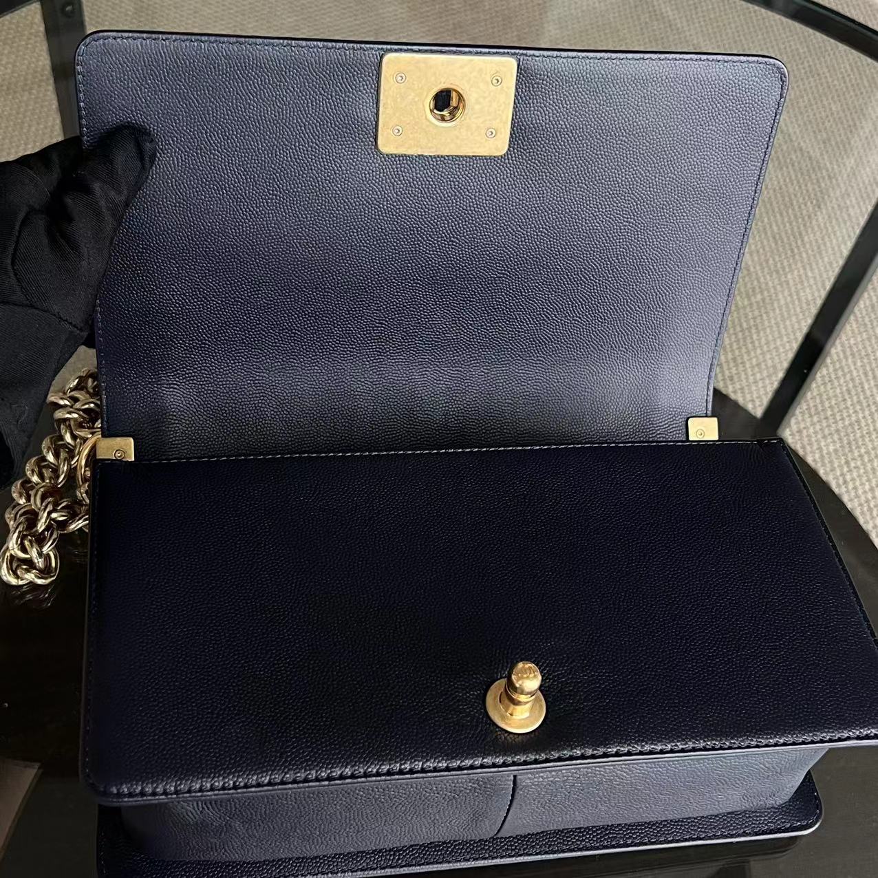 Chanel Caviar Boy Old Medium 25CM Quilted Calfskin Dark Blue Leboy GHW No 23 - Luxury Evermore