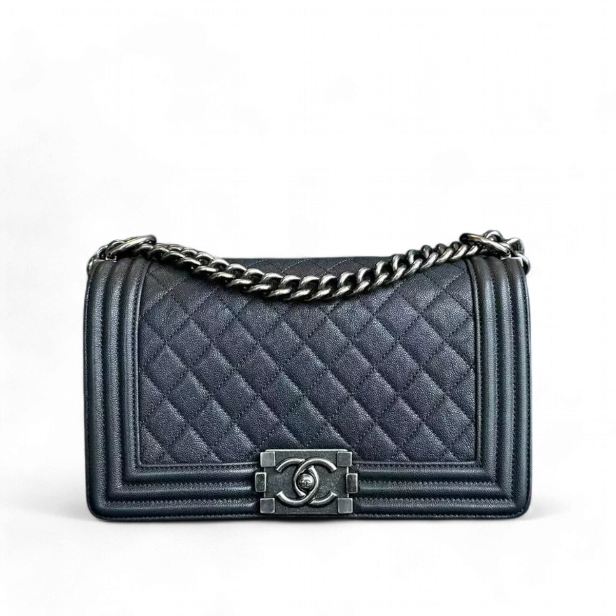 Caviar Boy Old Medium 25CM Quilted Calfskin Dark Grey Gray Silver Hardware Series 26