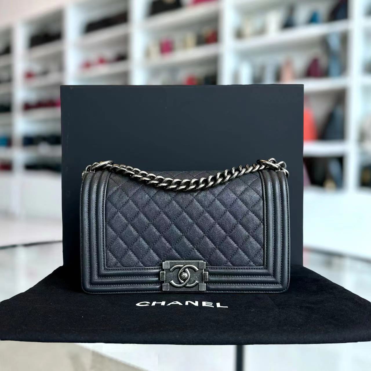 Chanel Caviar Boy Old Medium 25CM Quilted Calfskin Dark Grey Gray Silver Hardware Series 26 - Luxury Evermore