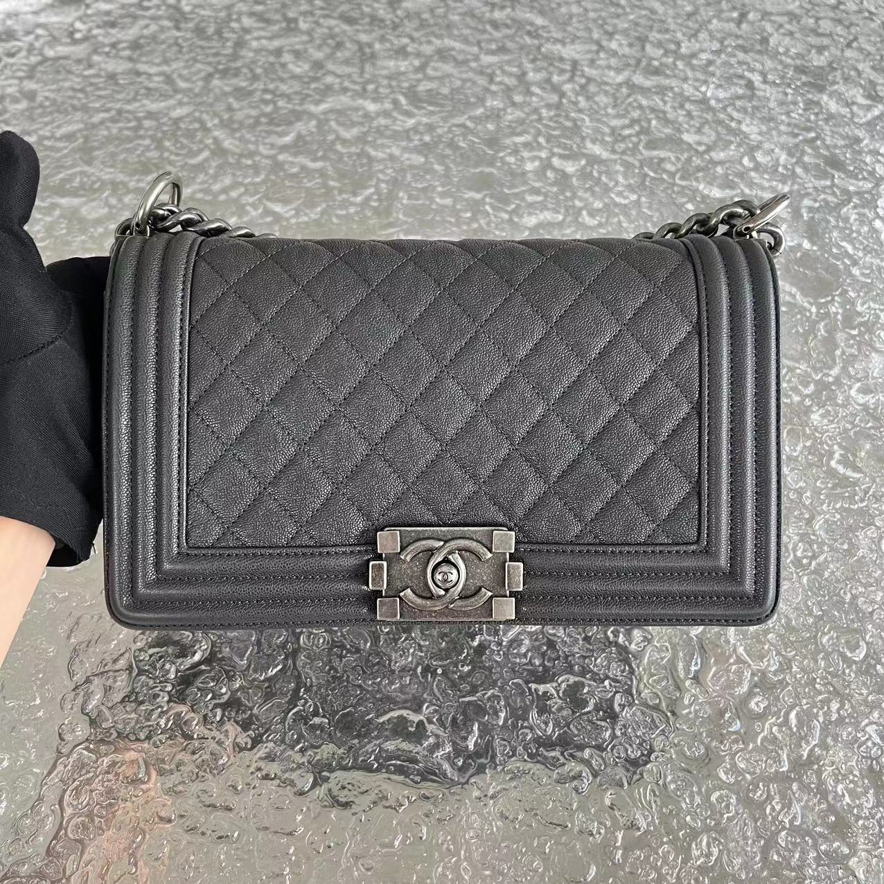 Chanel Caviar Boy Old Medium 25CM Quilted Calfskin Dark Grey Gray Silver Hardware Series 26 - Luxury Evermore