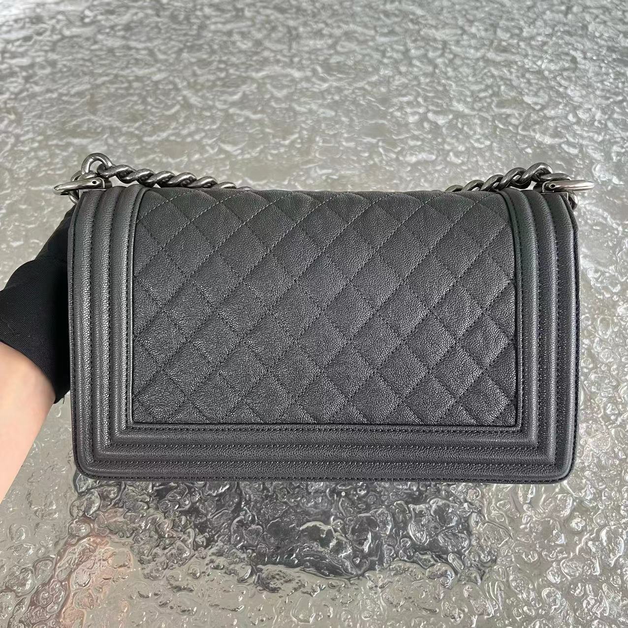 Chanel Caviar Boy Old Medium 25CM Quilted Calfskin Dark Grey Gray Silver Hardware Series 26 - Luxury Evermore