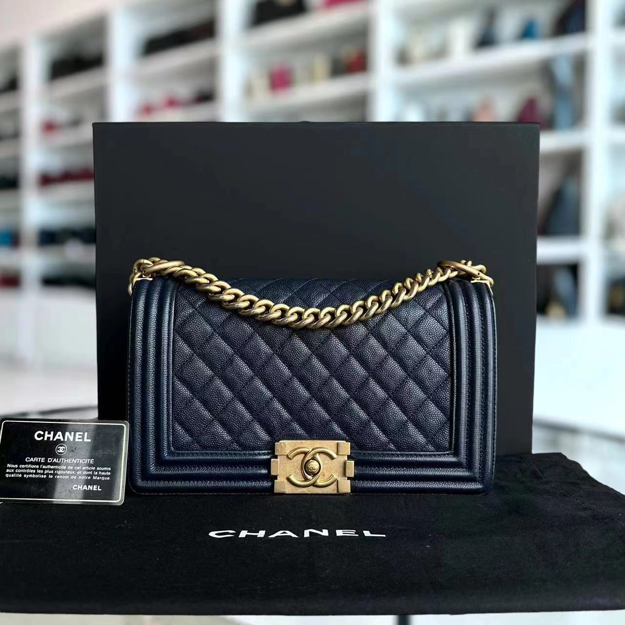 Chanel Caviar Boy Old Medium 25CM Quilted Calfskin Dark Navy Blue Leboy Golden Hardware - Luxury Evermore