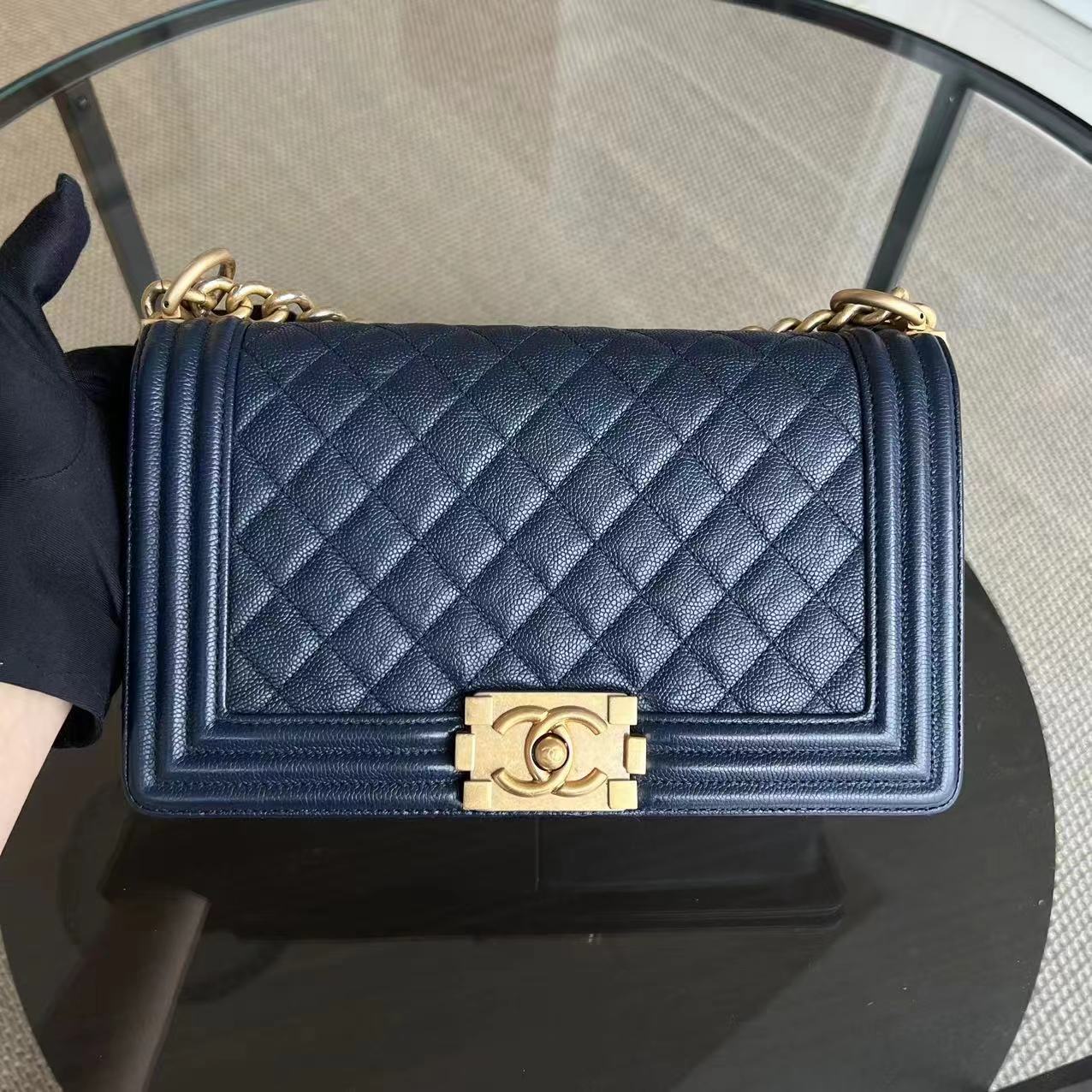 Chanel Caviar Boy Old Medium 25CM Quilted Calfskin Dark Navy Blue Leboy Golden Hardware - Luxury Evermore