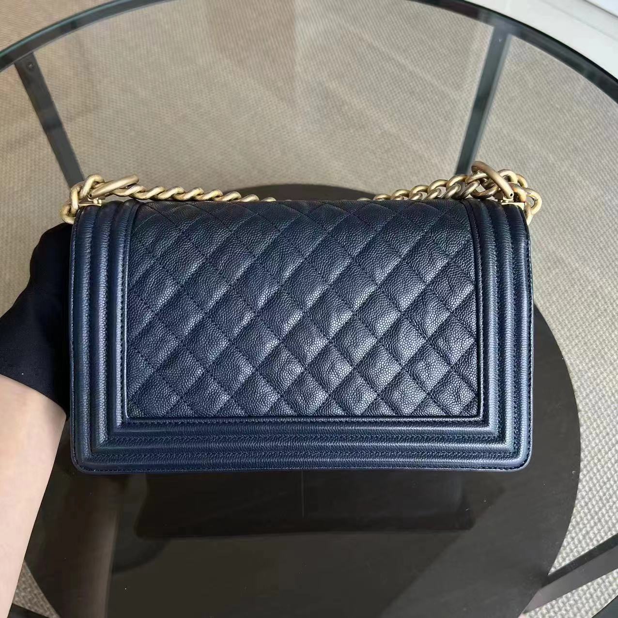 Chanel Caviar Boy Old Medium 25CM Quilted Calfskin Dark Navy Blue Leboy Golden Hardware - Luxury Evermore