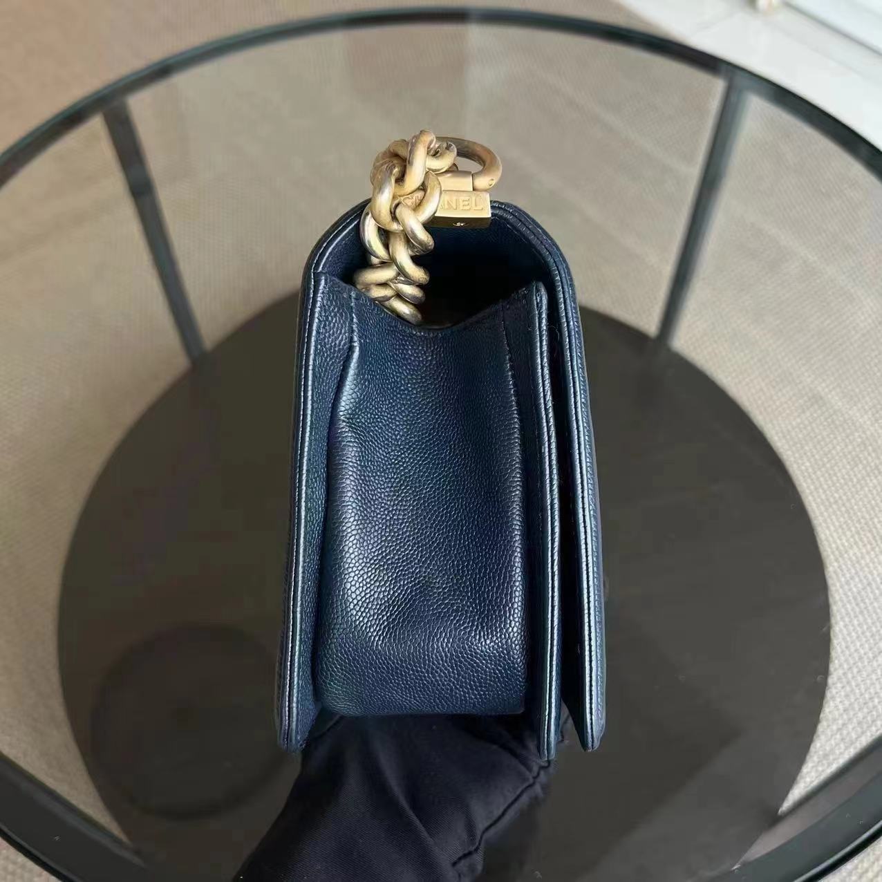 Chanel Caviar Boy Old Medium 25CM Quilted Calfskin Dark Navy Blue Leboy Golden Hardware - Luxury Evermore