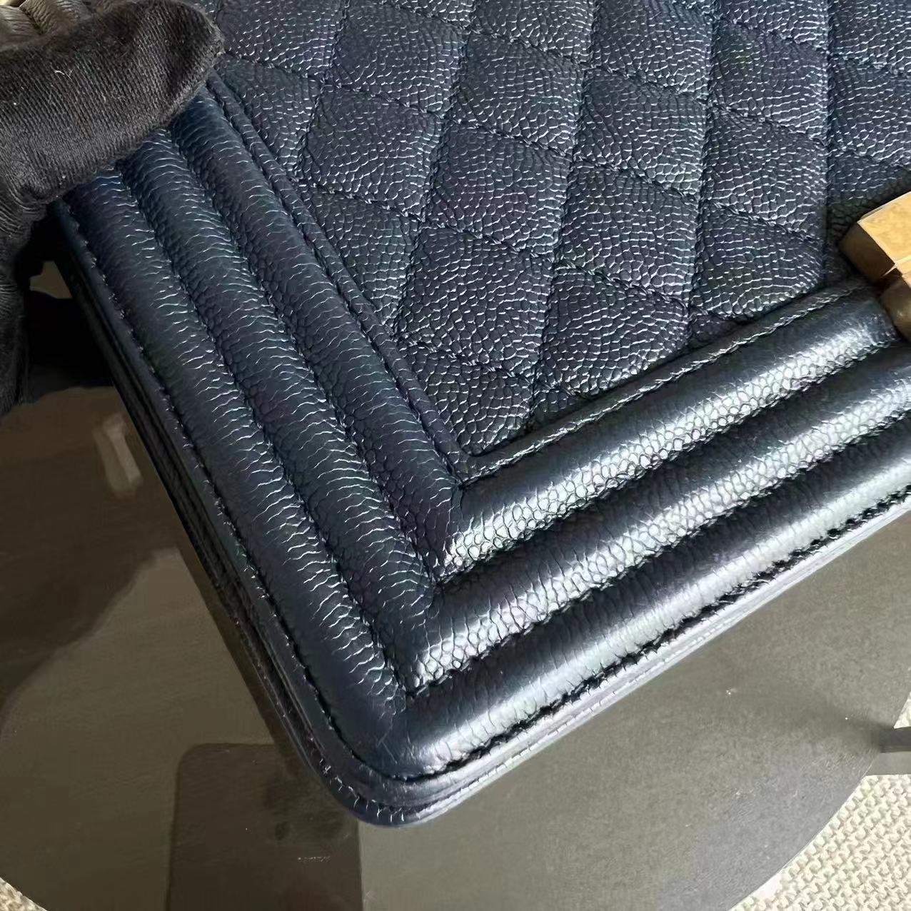 Chanel Caviar Boy Old Medium 25CM Quilted Calfskin Dark Navy Blue Leboy Golden Hardware - Luxury Evermore