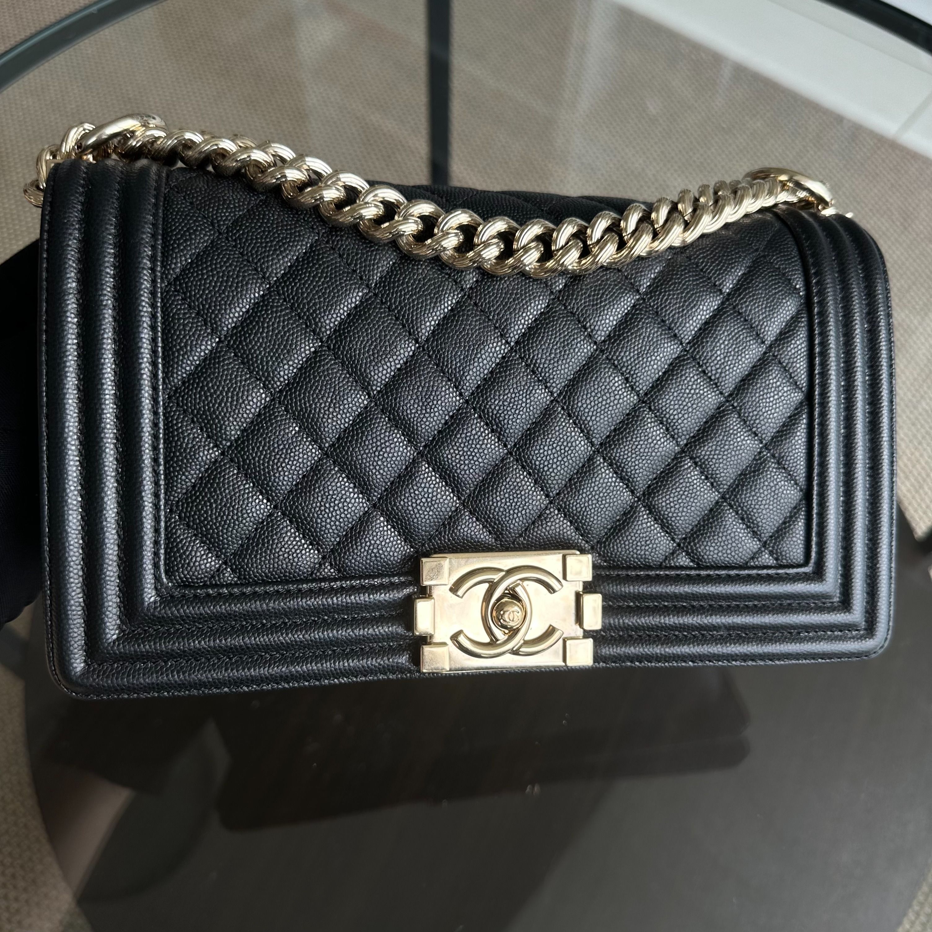 Chanel Caviar Boy Old Medium 25CM Quilted Calfskin Leboy Black GHW No 23 - Luxury Evermore