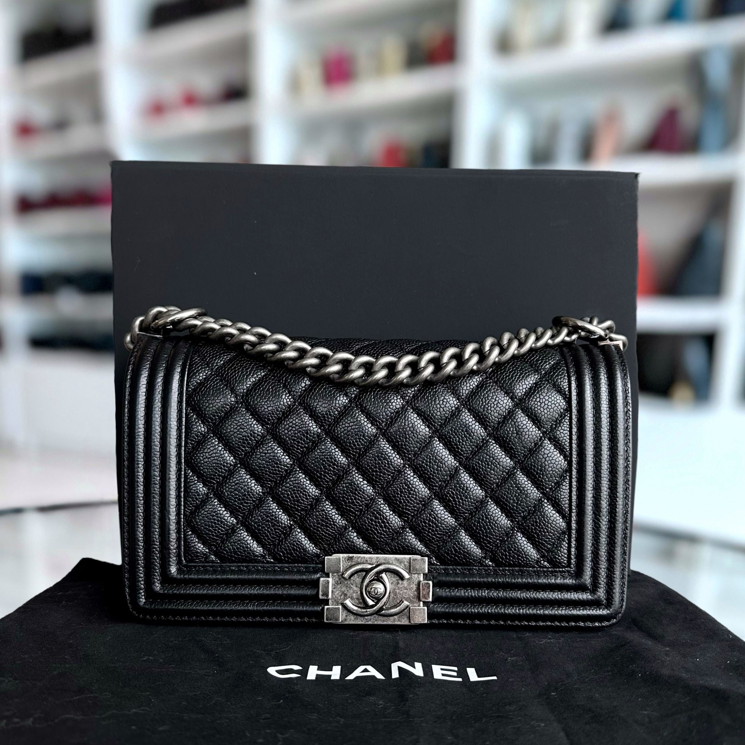 Chanel Caviar Boy Old Medium 25CM Quilted Calfskin Leboy Black RSHW No 20 - Luxury Evermore