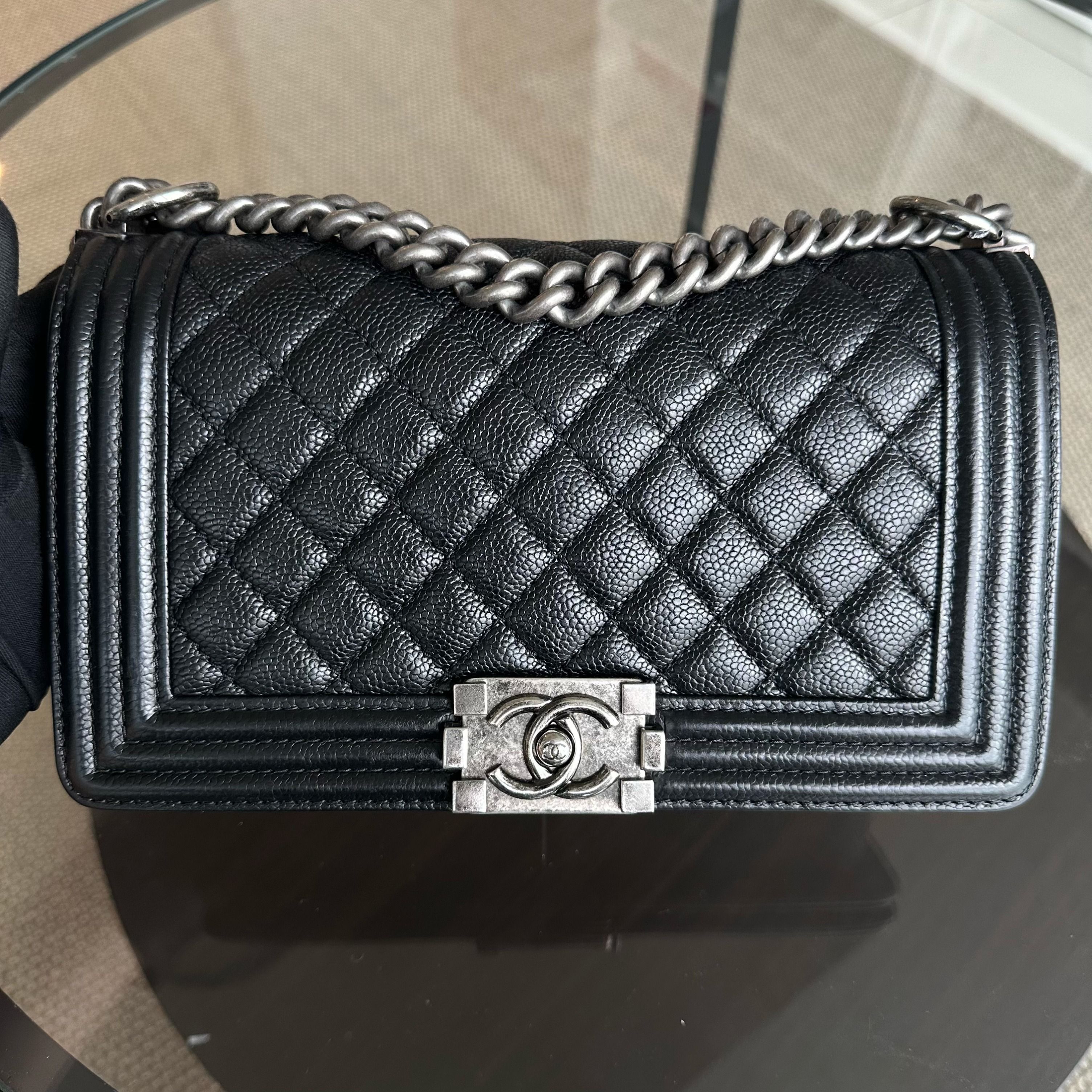 Chanel Caviar Boy Old Medium 25CM Quilted Calfskin Leboy Black RSHW No 20 - Luxury Evermore