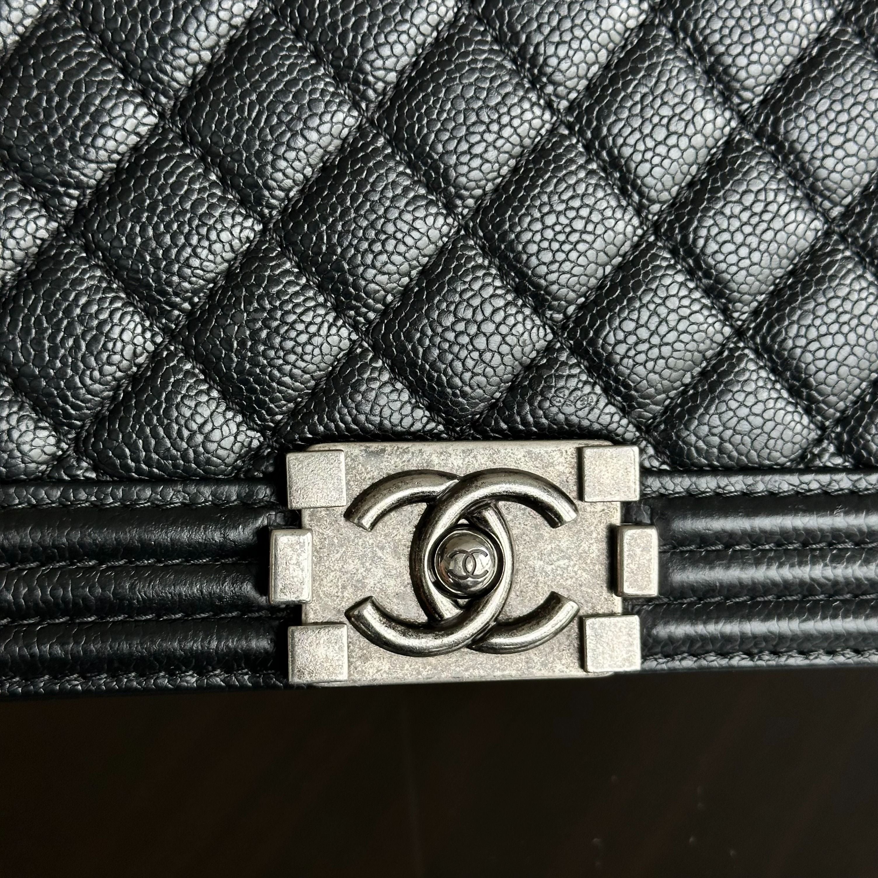 Chanel Caviar Boy Old Medium 25CM Quilted Calfskin Leboy Black RSHW No 20 - Luxury Evermore