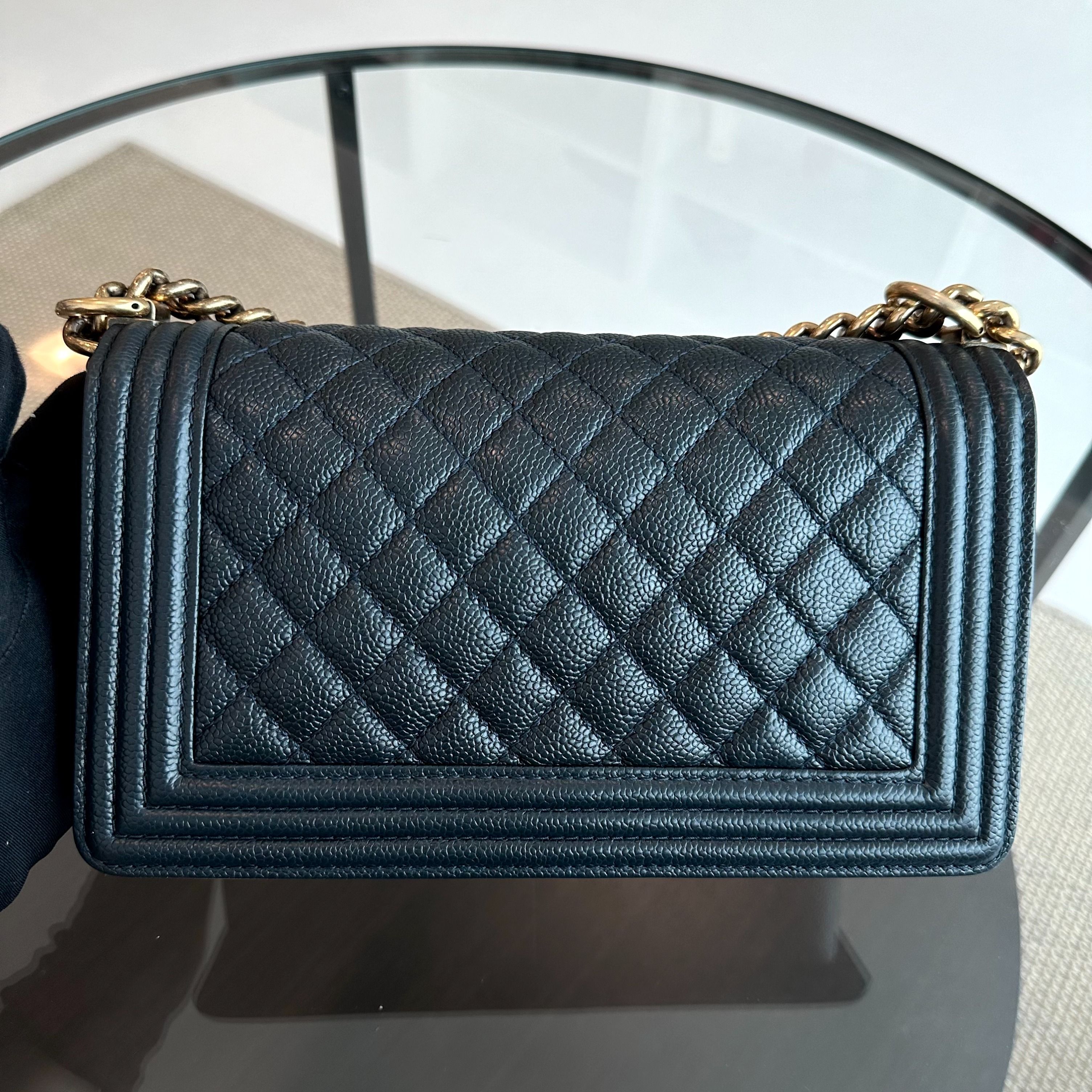 Chanel Caviar Boy Old Medium 25CM Quilted Calfskin Leboy Dark Blue RGHW No 20 - Luxury Evermore