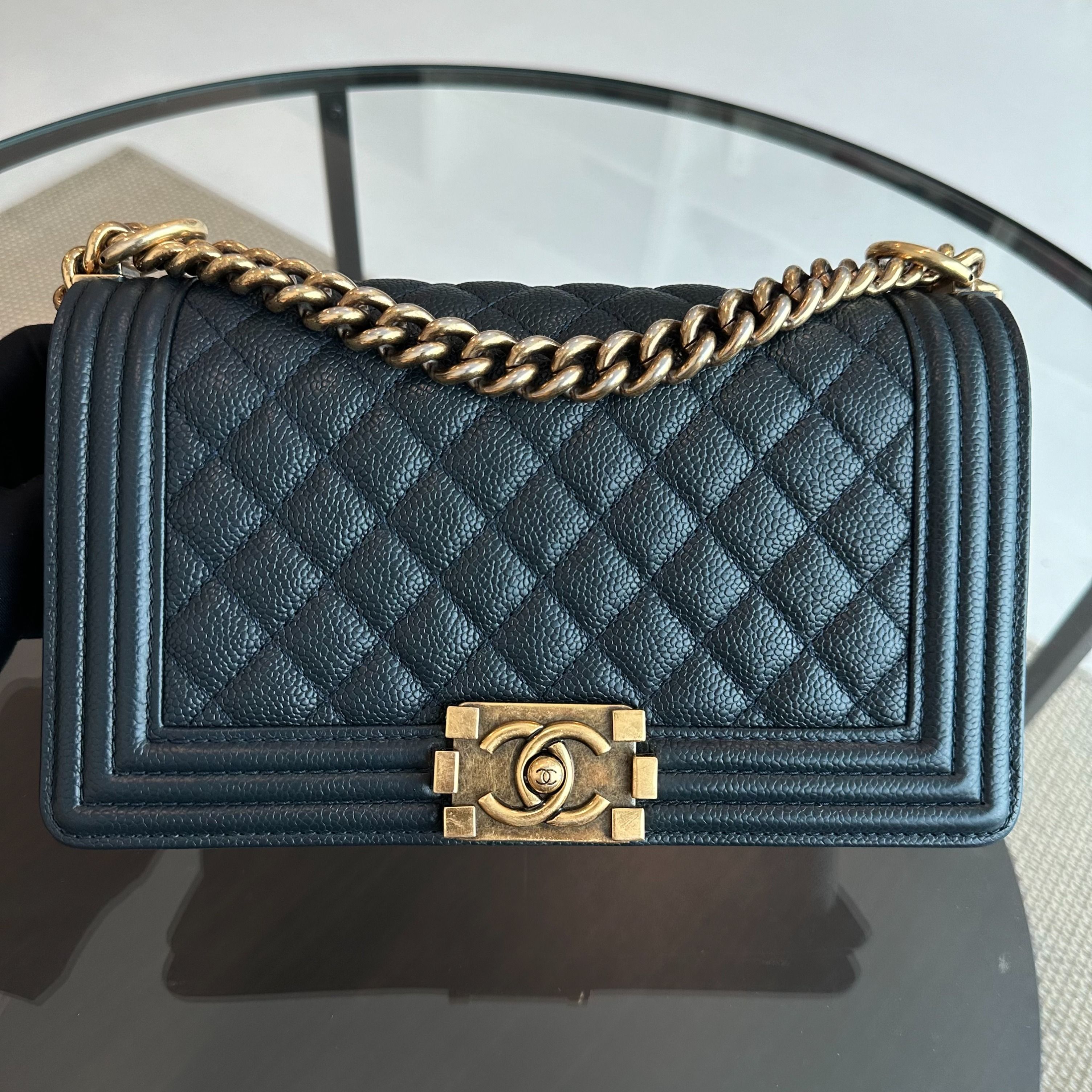 Chanel Caviar Boy Old Medium 25CM Quilted Calfskin Leboy Dark Blue RGHW No 20 - Luxury Evermore