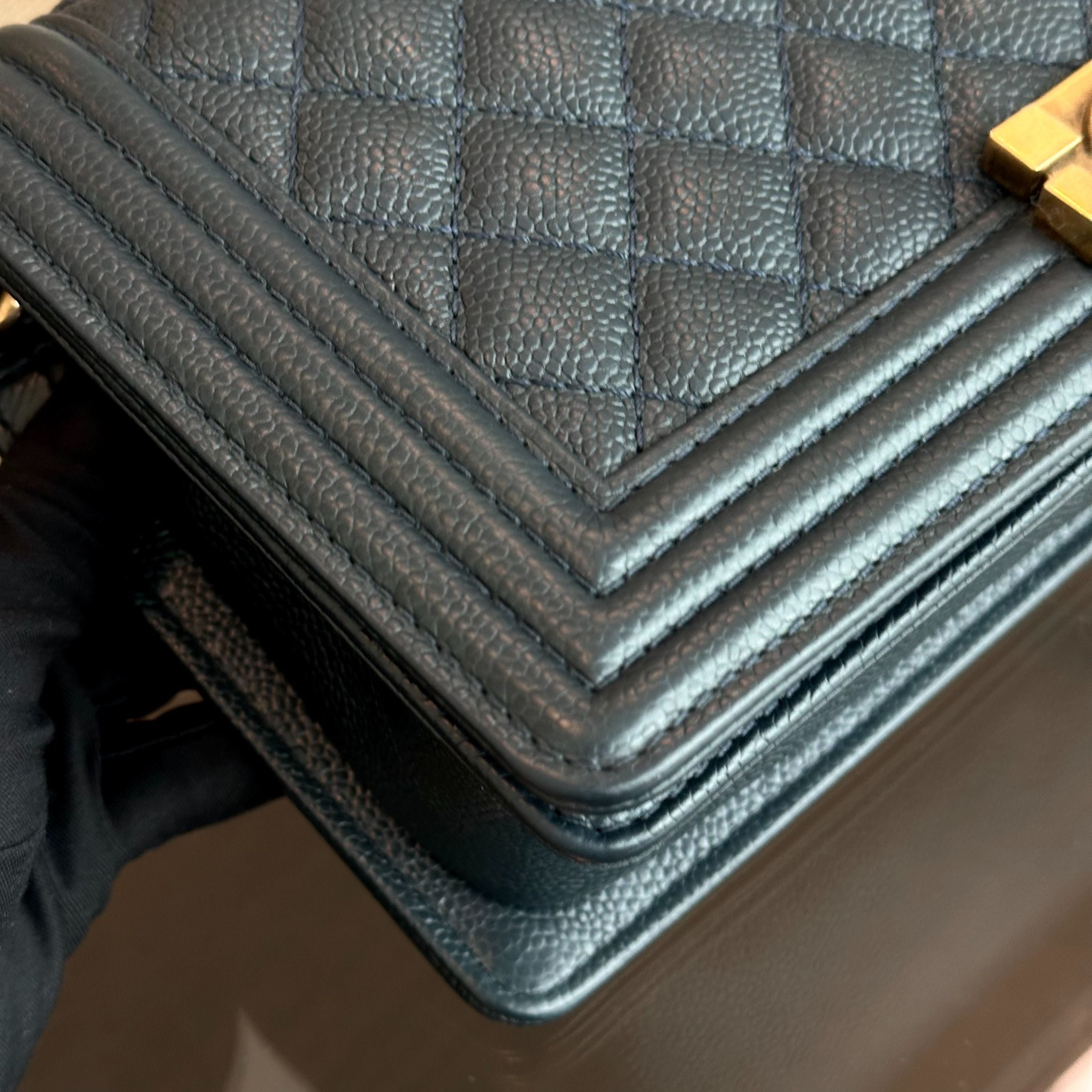 Chanel Caviar Boy Old Medium 25CM Quilted Calfskin Leboy Dark Blue RGHW No 20 - Luxury Evermore