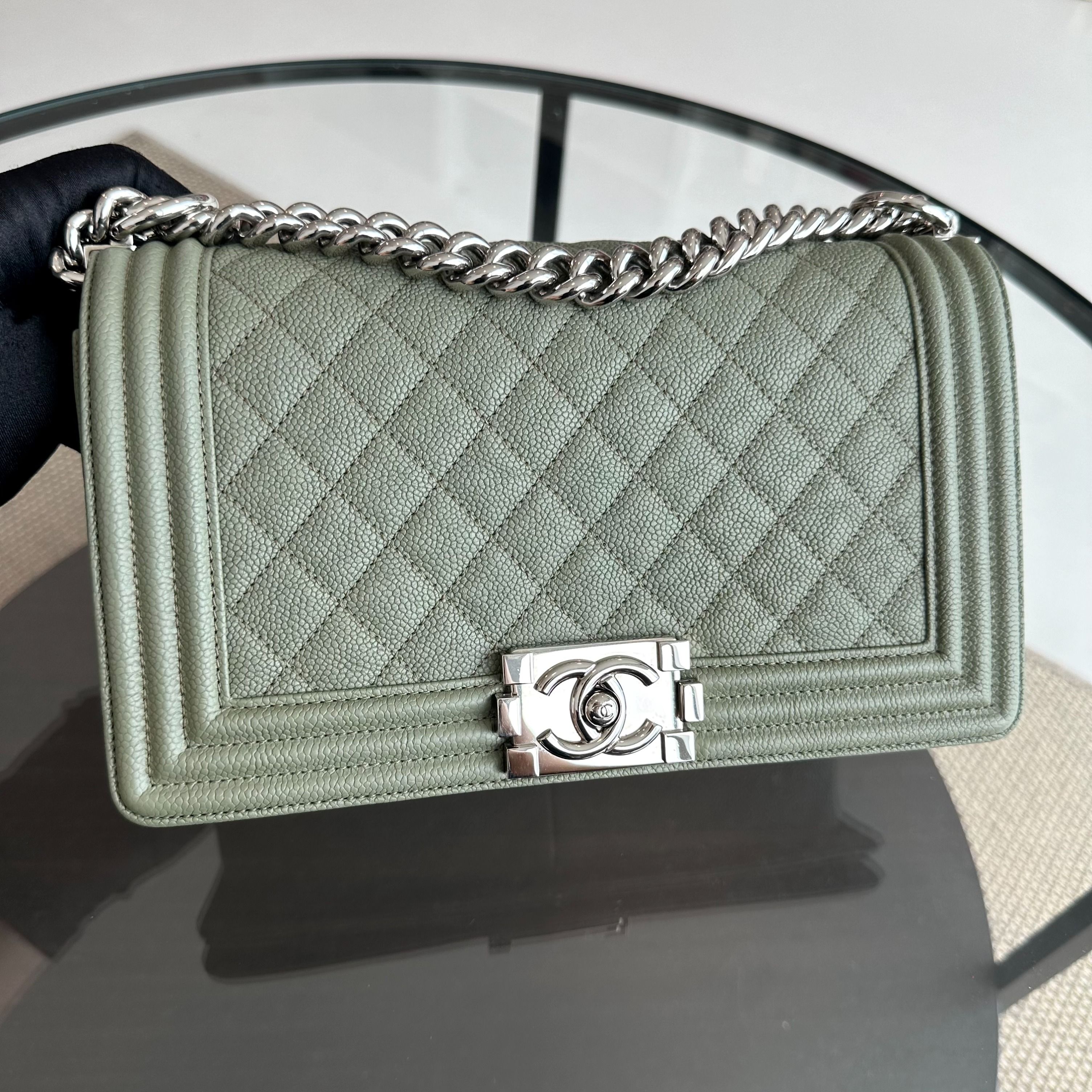 Chanel Caviar Boy Old Medium 25CM Quilted Calfskin Leboy Green SHW No 25 - Luxury Evermore