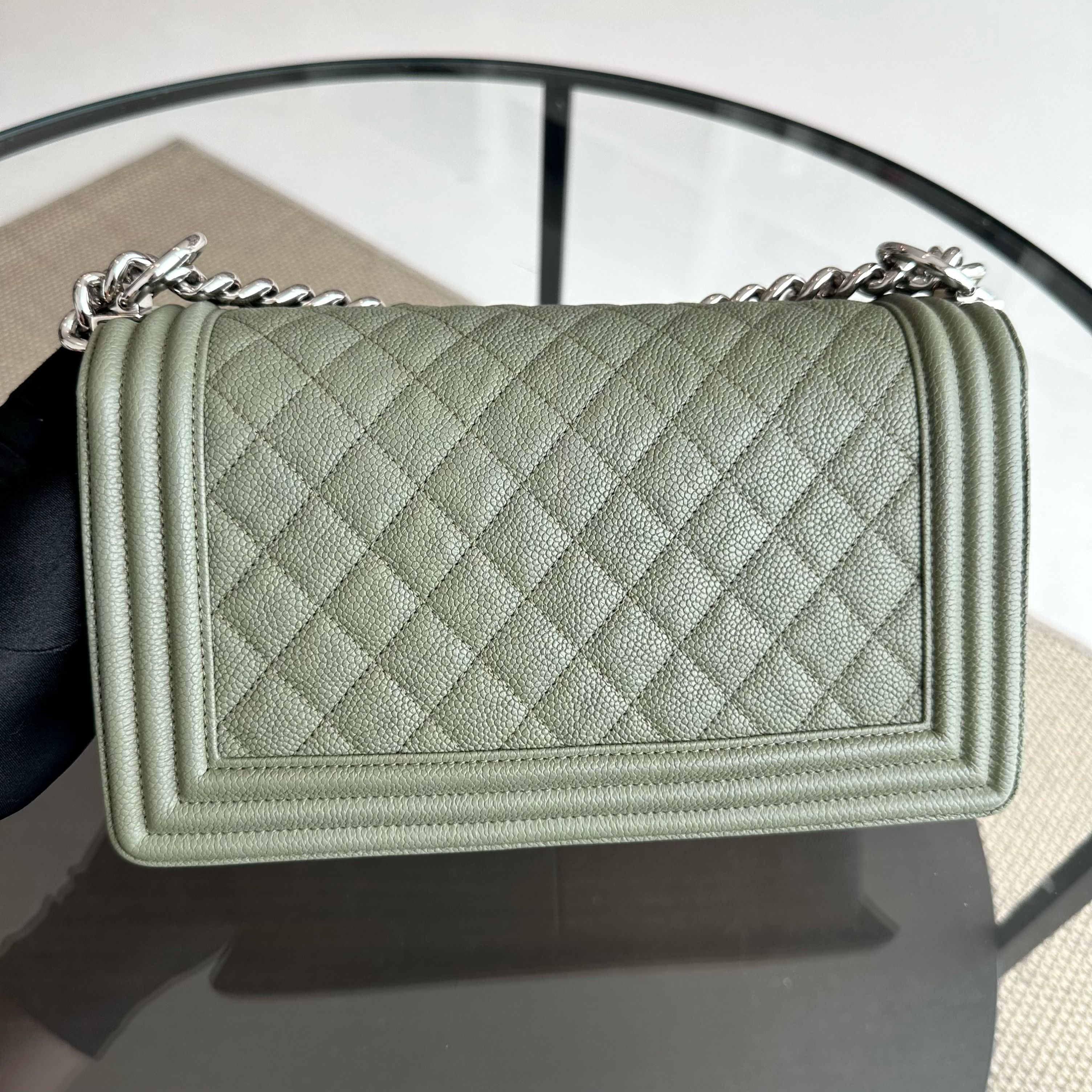 Chanel Caviar Boy Old Medium 25CM Quilted Calfskin Leboy Green SHW No 25 - Luxury Evermore