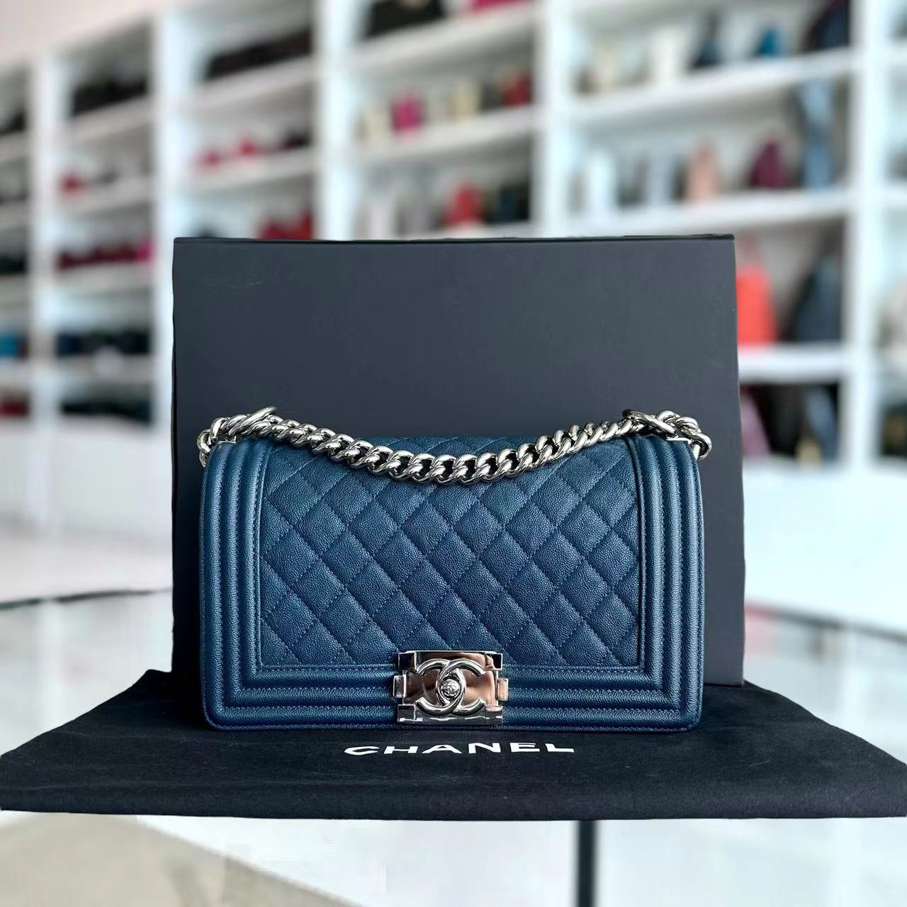 Chanel Caviar Boy Old Medium 25CM Quilted Grained Calfskin Blue Leboy Silver Hardware Series 28 - Luxury Evermore