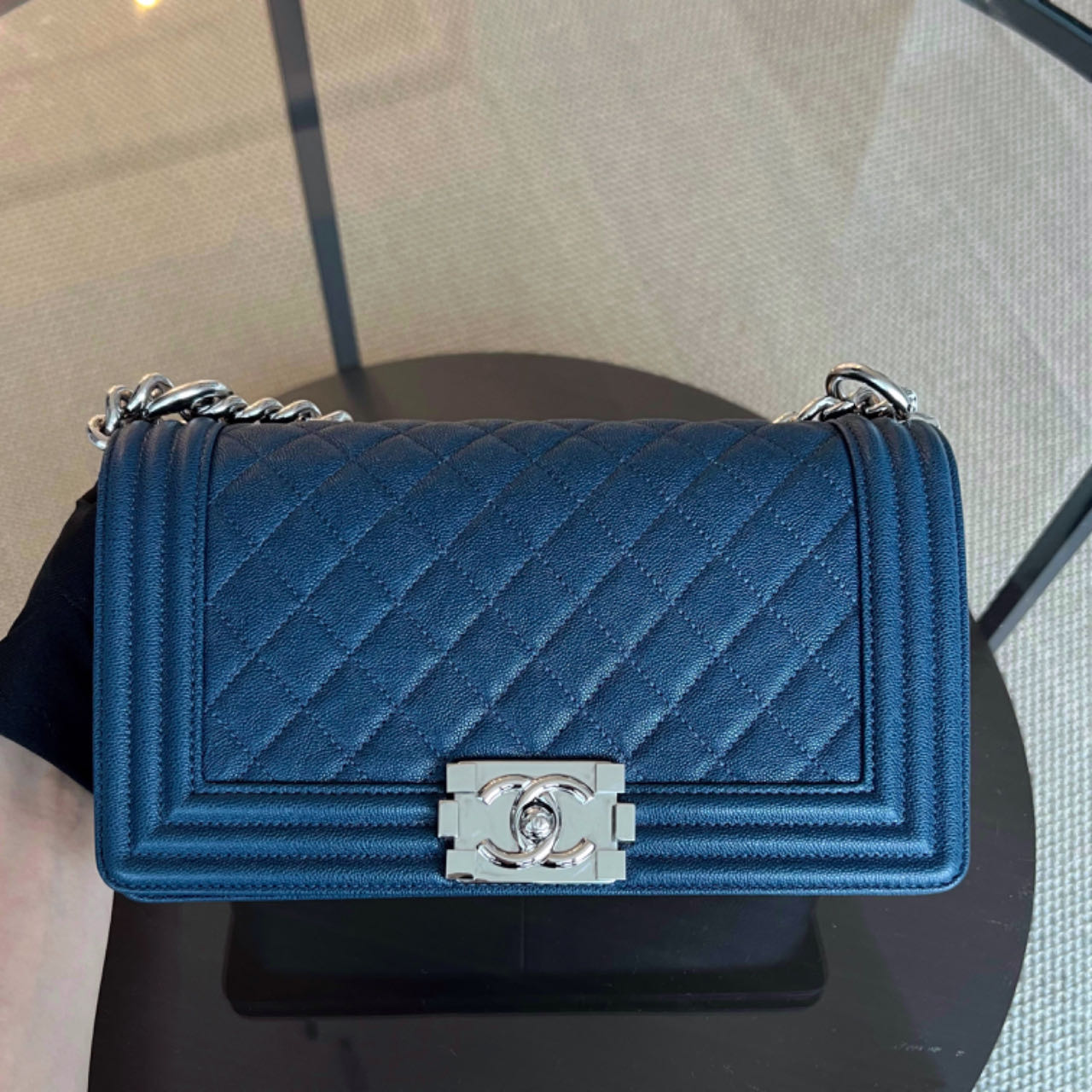 Chanel Caviar Boy Old Medium 25CM Quilted Grained Calfskin Blue Leboy Silver Hardware Series 28 - Luxury Evermore