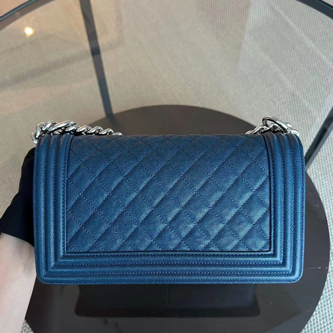 Chanel Caviar Boy Old Medium 25CM Quilted Grained Calfskin Blue Leboy Silver Hardware Series 28 - Luxury Evermore