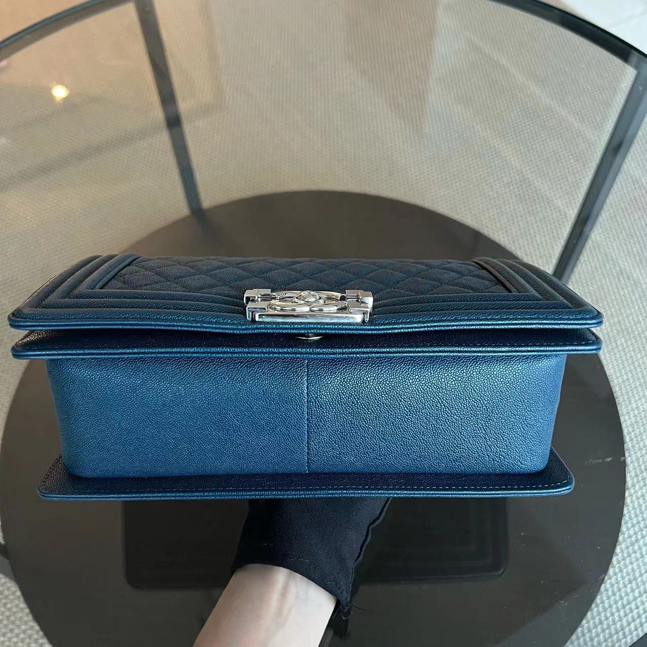 Chanel Caviar Boy Old Medium 25CM Quilted Grained Calfskin Blue Leboy Silver Hardware Series 28 - Luxury Evermore