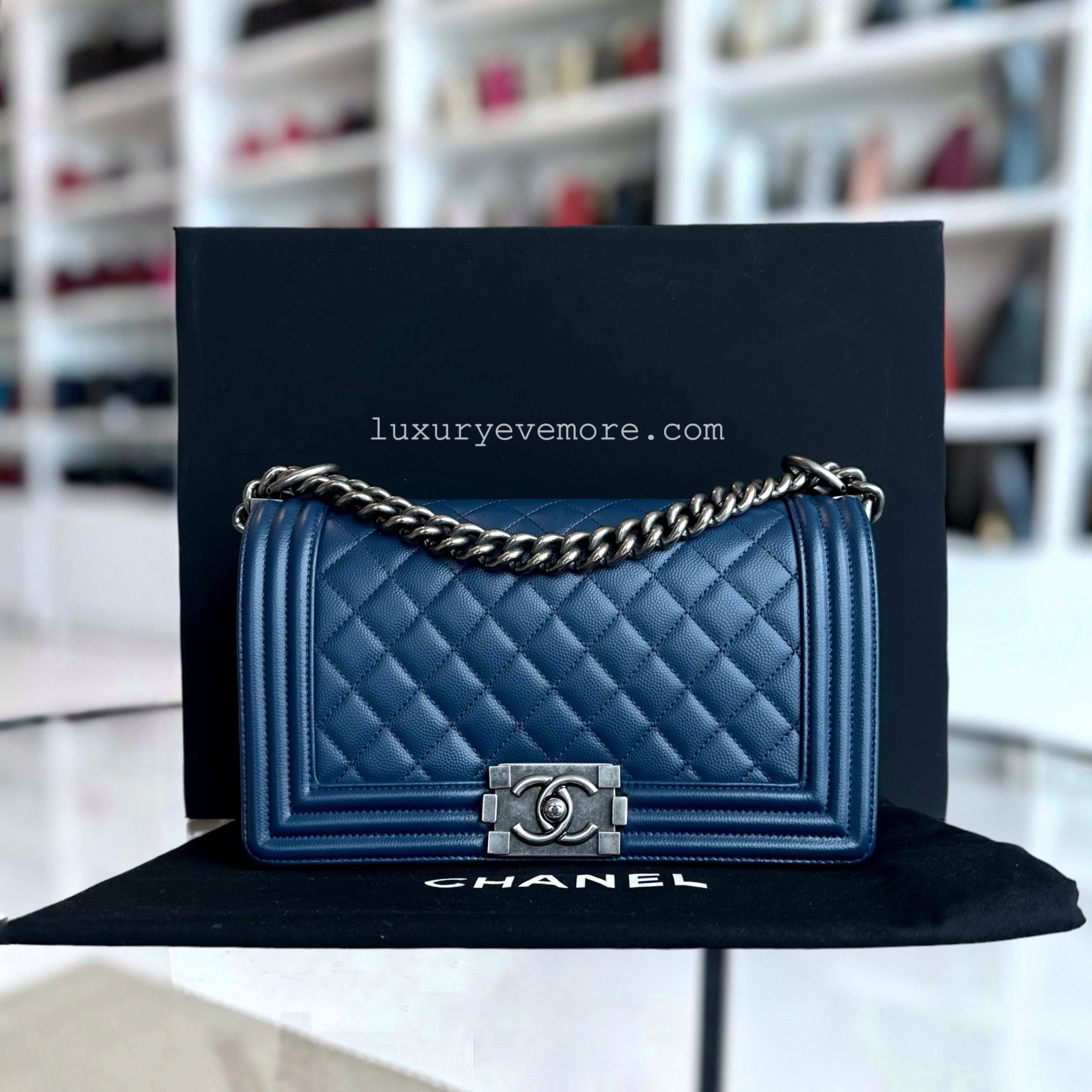 Chanel Caviar Boy Old Medium 25CM Quilted Grained Calfskin Dark Blue Leboy Ruthenium Silver Hardware Series 25 - Luxury Evermore