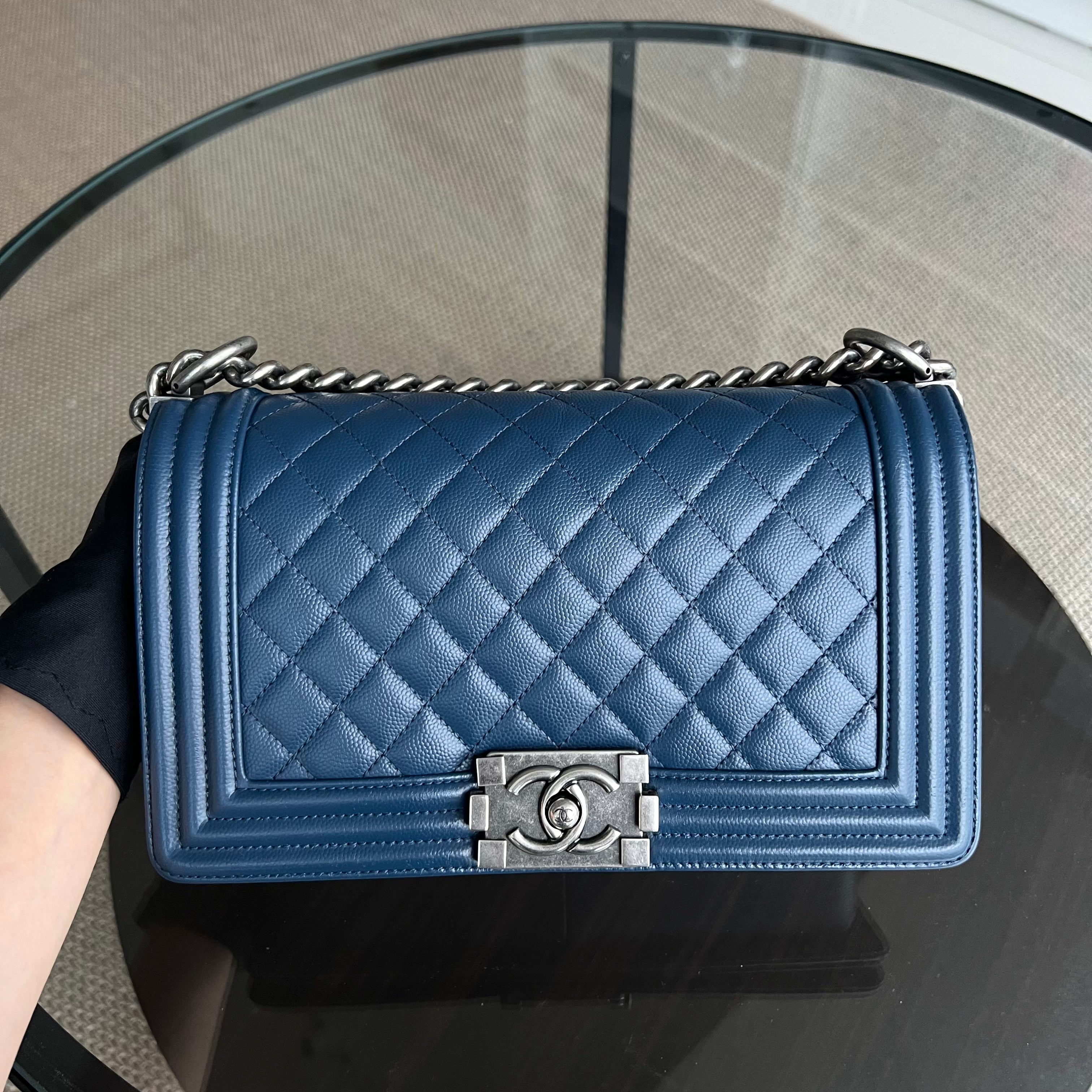 Chanel Caviar Boy Old Medium 25CM Quilted Grained Calfskin Dark Blue Leboy Ruthenium Silver Hardware Series 25 - Luxury Evermore