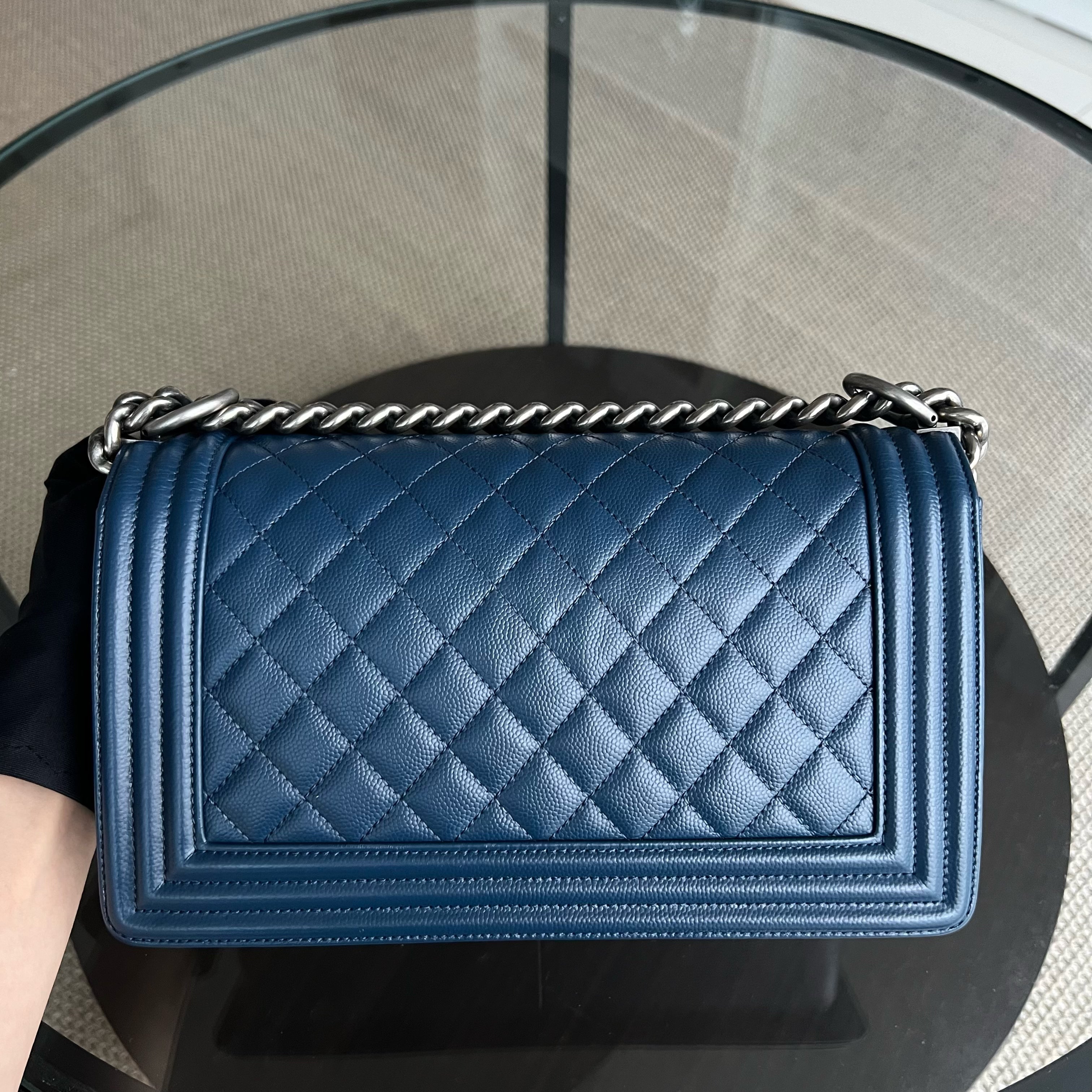 Chanel Caviar Boy Old Medium 25CM Quilted Grained Calfskin Dark Blue Leboy Ruthenium Silver Hardware Series 25 - Luxury Evermore