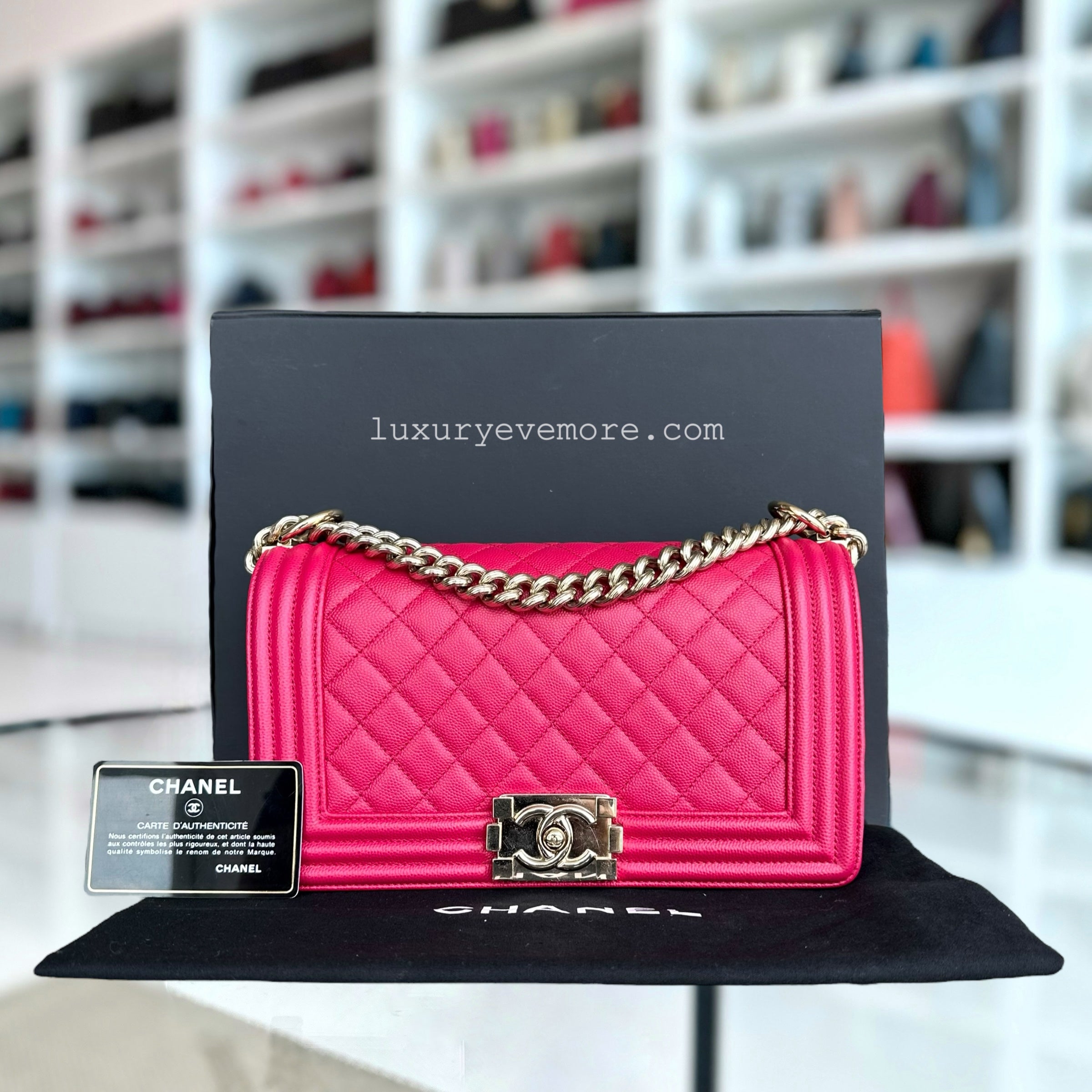 Chanel Caviar Boy Old Medium 25CM Quilted Grained Calfskin Hot Pink Golden Hardware Series 23 - Luxury Evermore