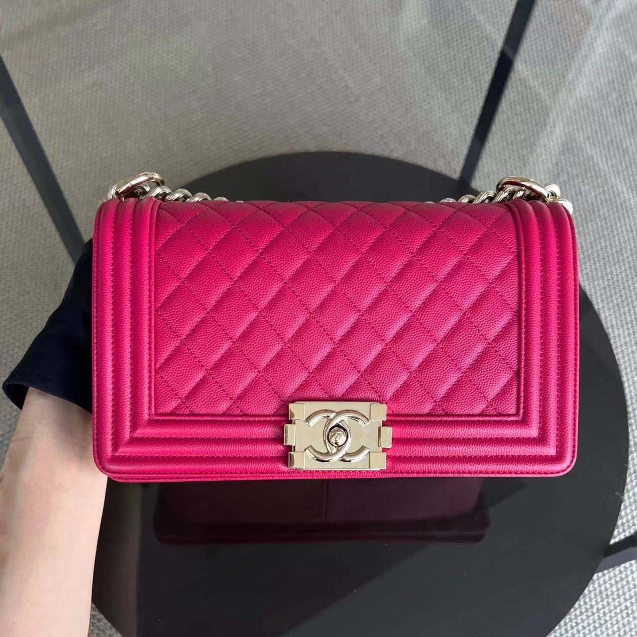 Chanel Caviar Boy Old Medium 25CM Quilted Grained Calfskin Hot Pink Golden Hardware Series 23 - Luxury Evermore