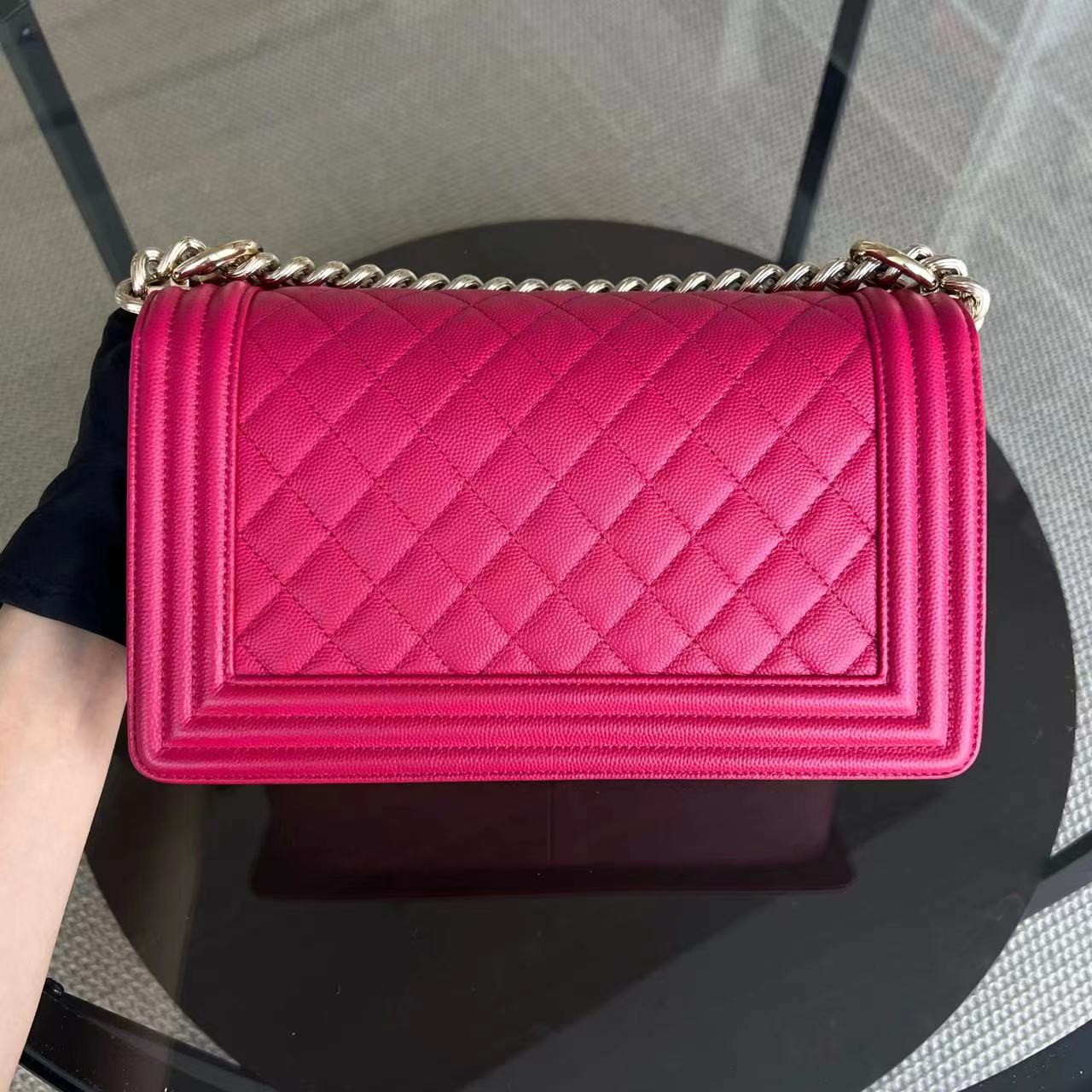 Chanel Caviar Boy Old Medium 25CM Quilted Grained Calfskin Hot Pink Golden Hardware Series 23 - Luxury Evermore