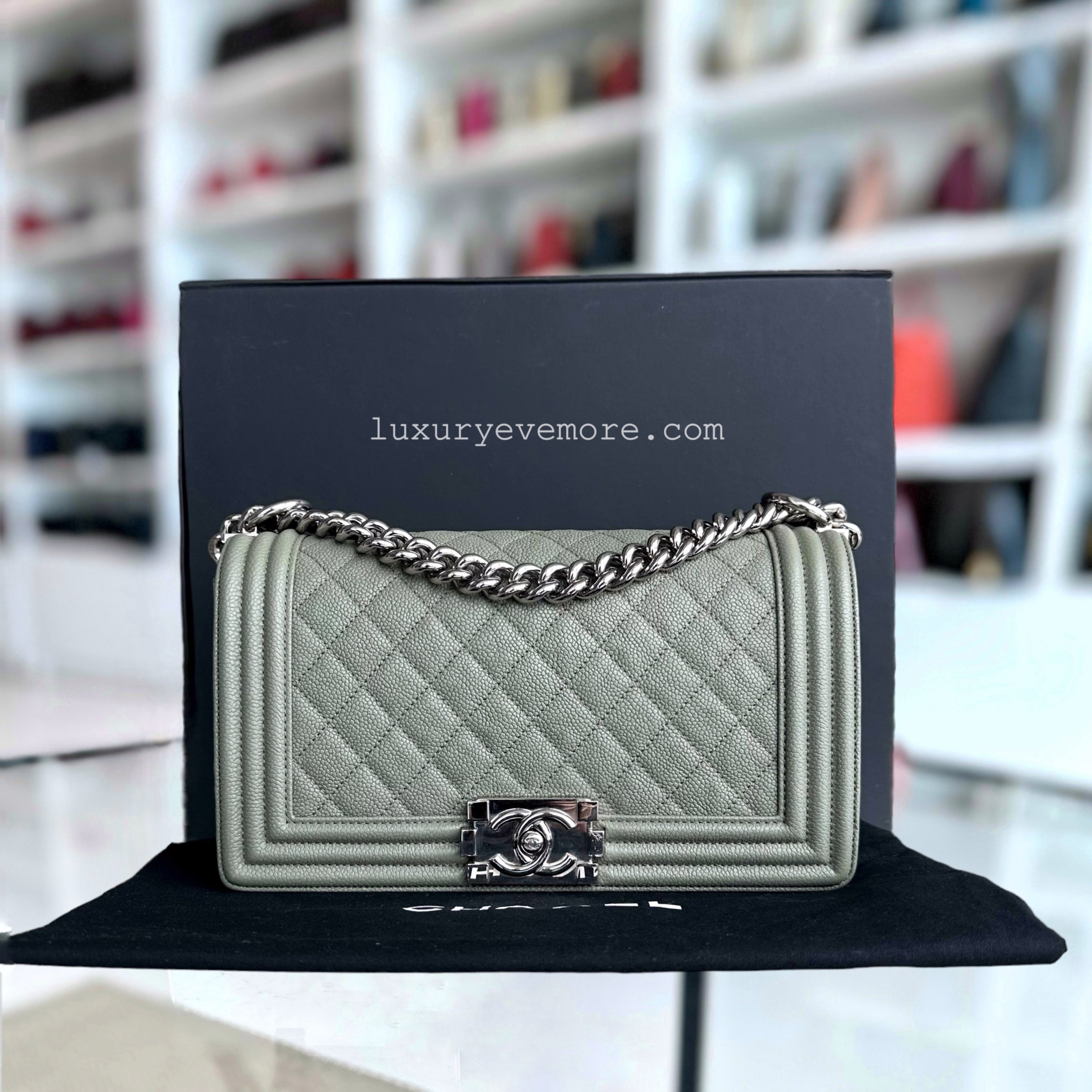 Chanel Caviar Boy Old Medium 25CM Quilted Grained Calfskin Light Green Leboy Silver Hardware Series 25 - Luxury Evermore