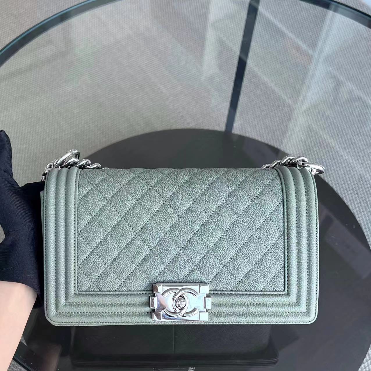 Chanel Caviar Boy Old Medium 25CM Quilted Grained Calfskin Light Green Leboy Silver Hardware Series 25 - Luxury Evermore