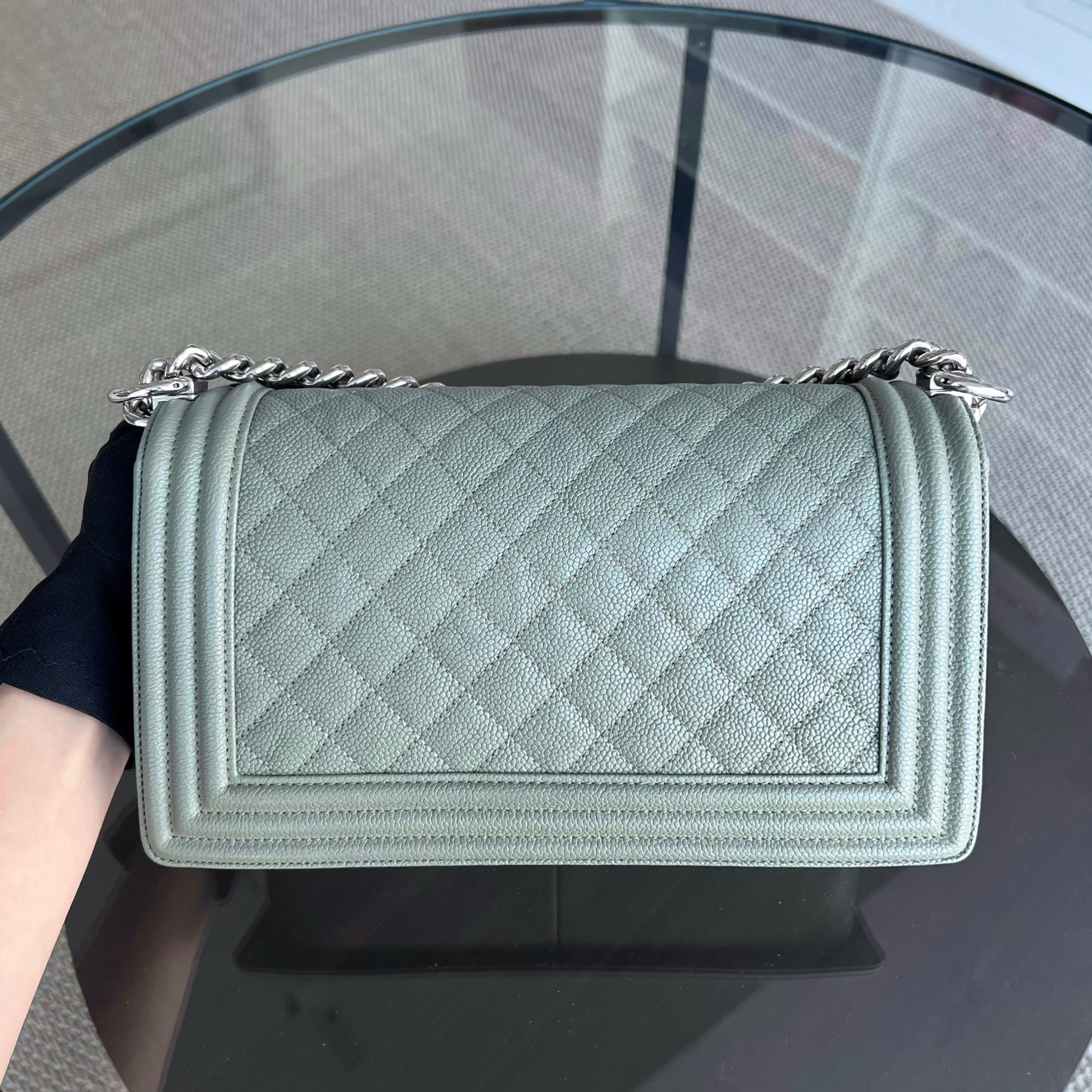 Chanel Caviar Boy Old Medium 25CM Quilted Grained Calfskin Light Green Leboy Silver Hardware Series 25 - Luxury Evermore