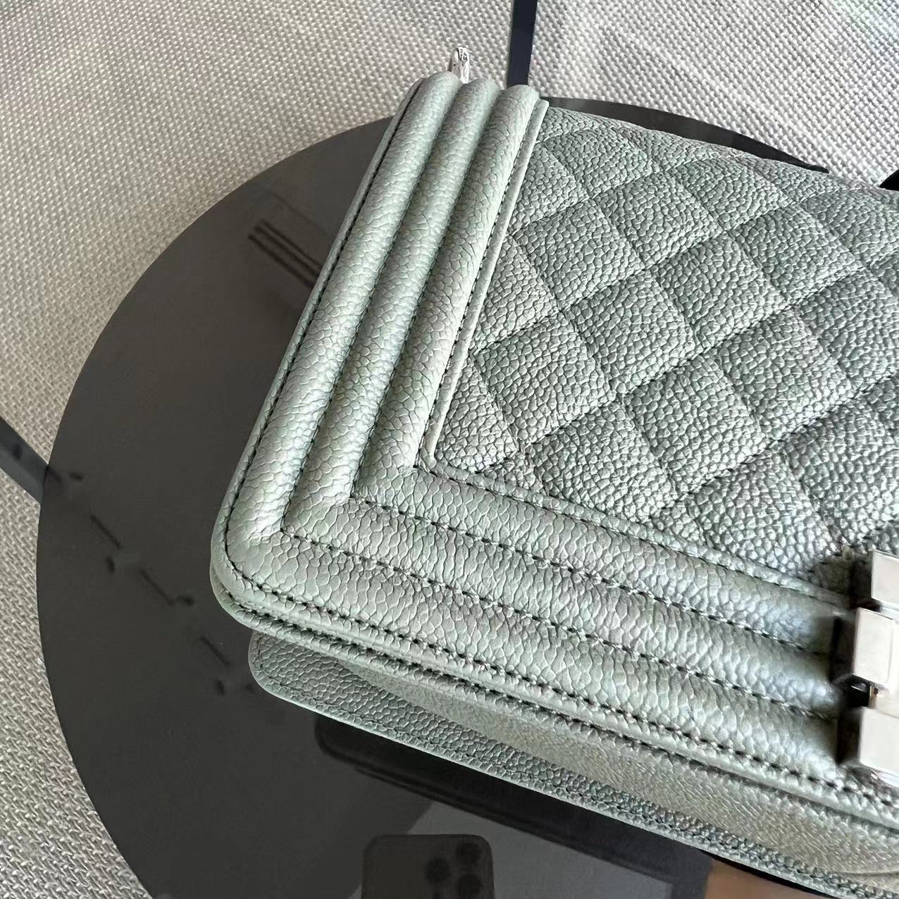 Chanel Caviar Boy Old Medium 25CM Quilted Grained Calfskin Light Green Leboy Silver Hardware Series 25 - Luxury Evermore