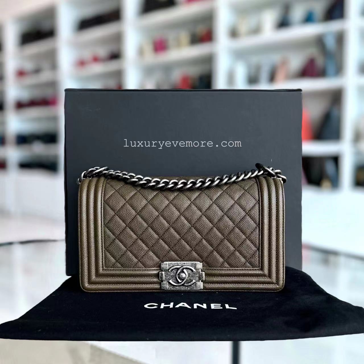 Chanel Caviar Boy Old Medium 25CM Quilted Grained Calfskin Olive Green Ruthenium Silver Hardware Series 23 - Luxury Evermore